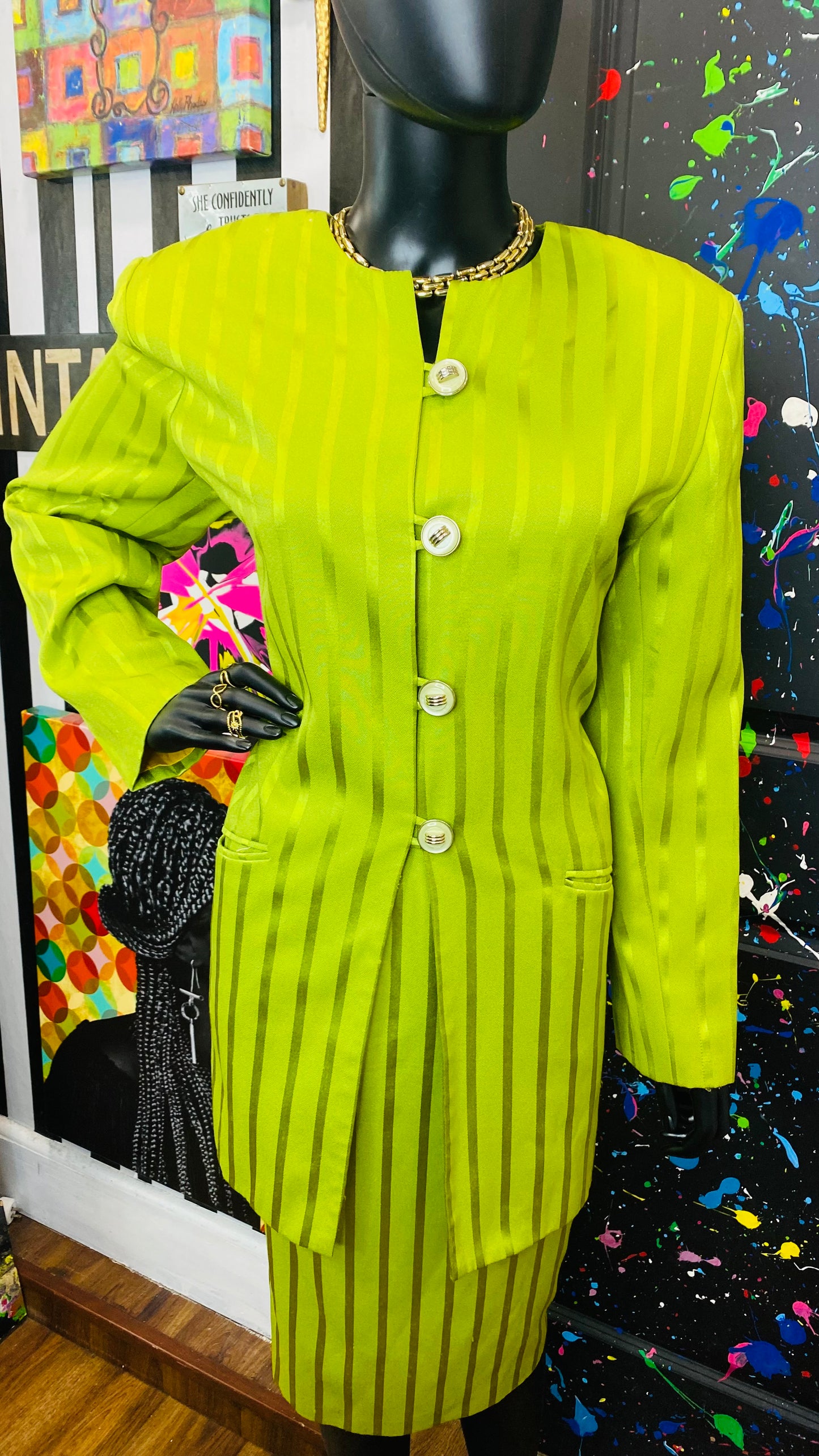 Vintage Green Striped Skirt Suit (14)