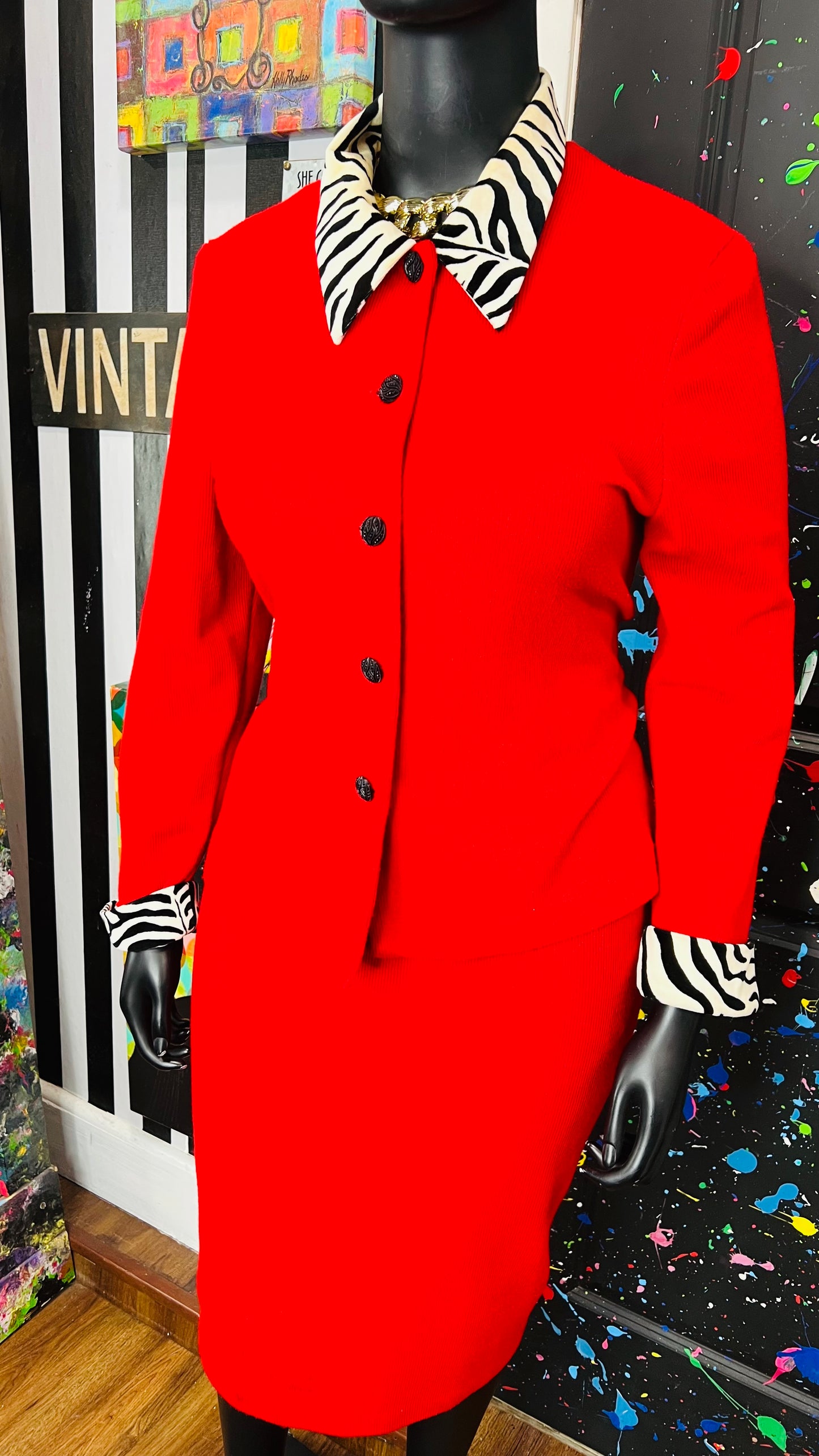 Vintage Red & Zebra Print Skirt Suit - Has Stretch (16)
