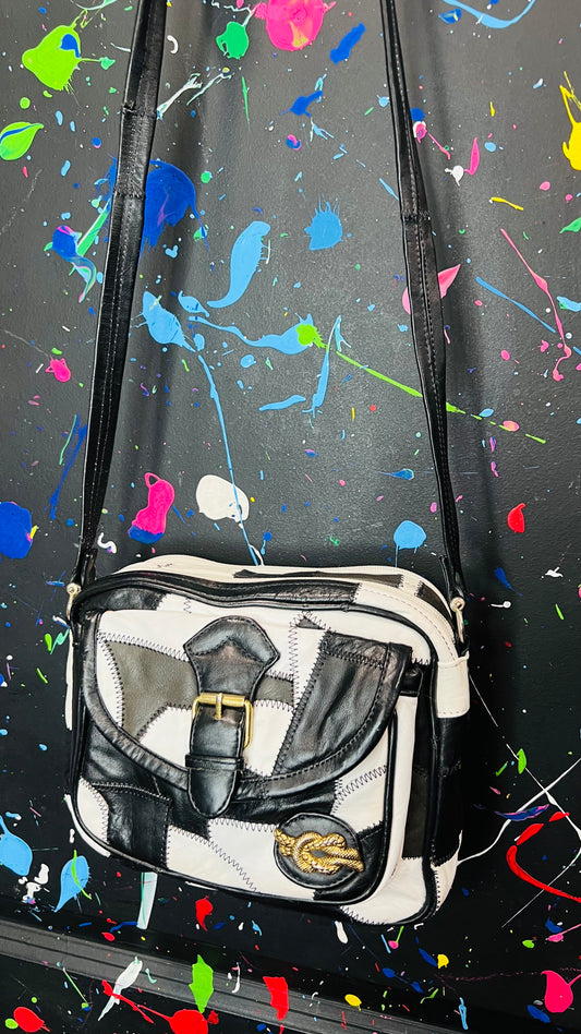 Vintage Black & White Patchwork Genuine Leather Shoulderbag