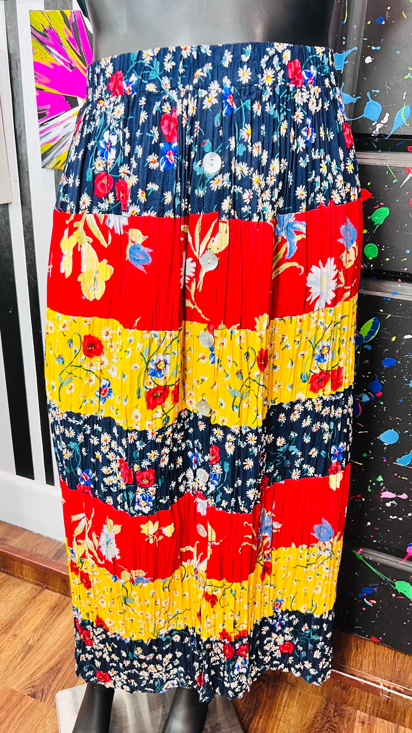 Vintage Rayon Patchwork Button Down Front Skirt (22/24)