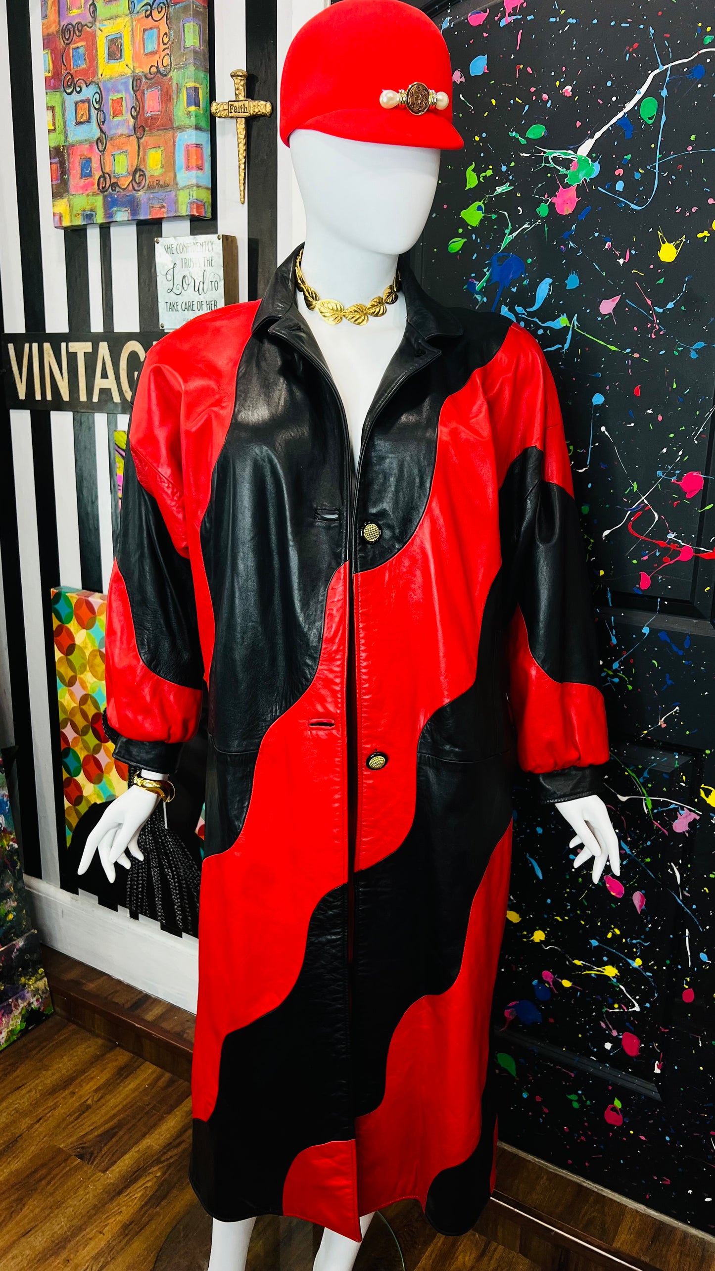 Vintage Genuine Leather Red & Black Trench Coat (16)