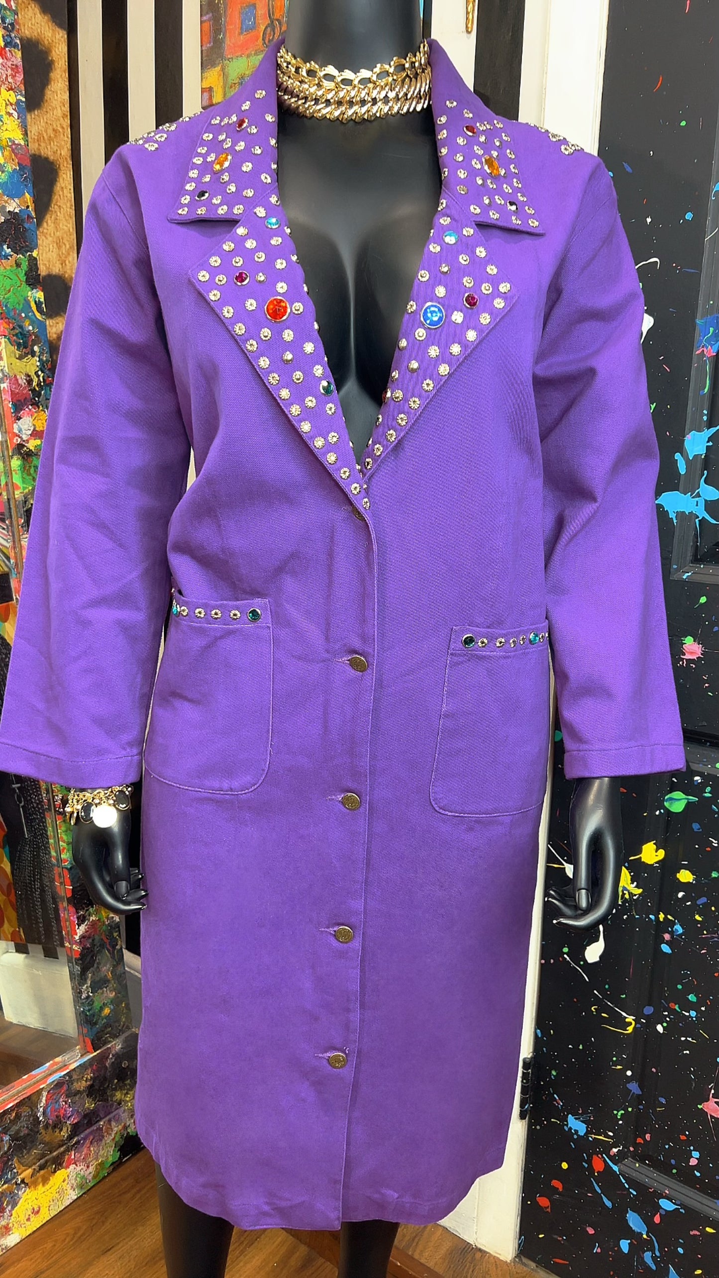 Vintage Purple Denim Jeweled Trench Coat (16)