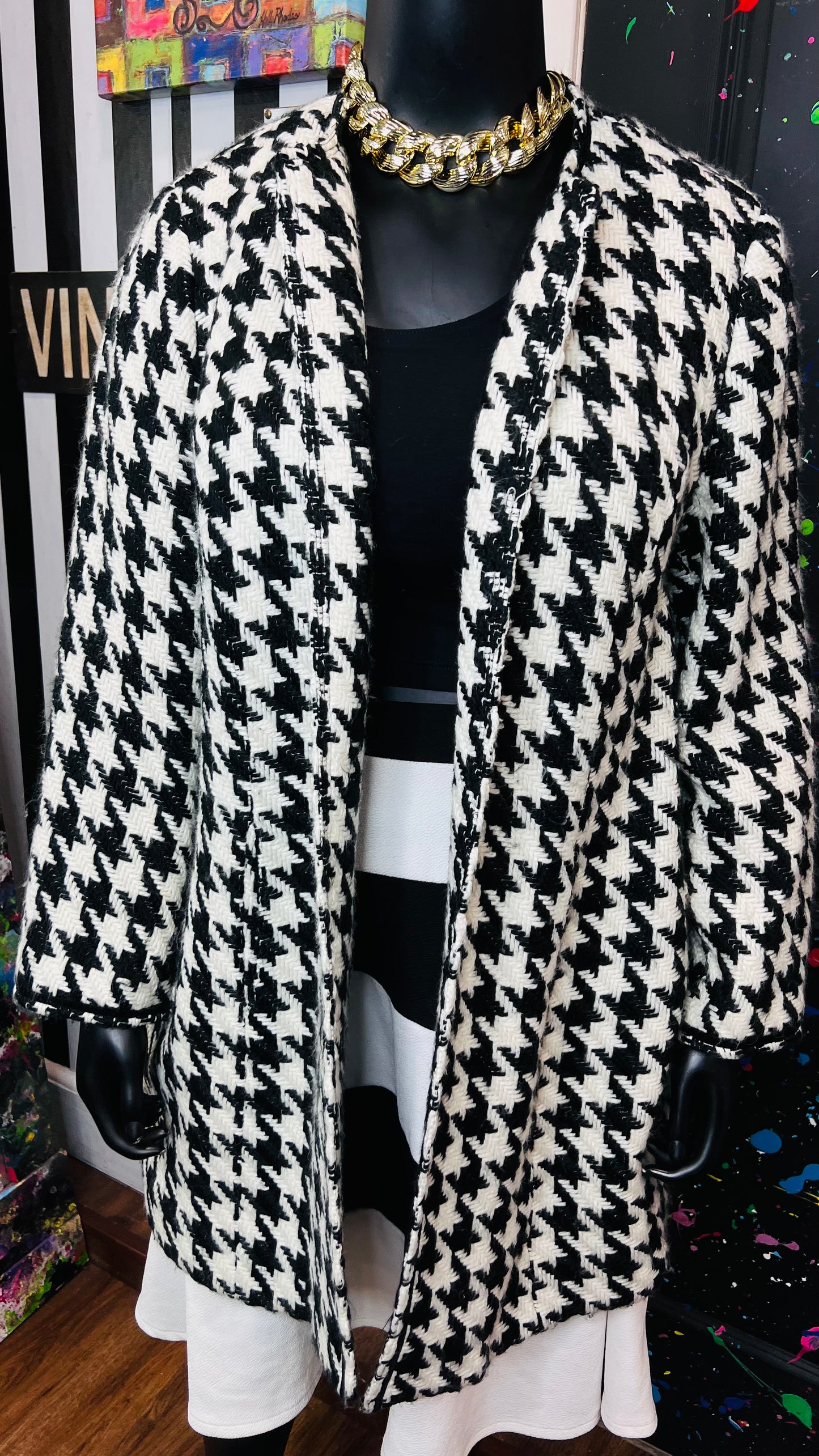 Vintage Black & White Houndstooth Wool Coat (20W)