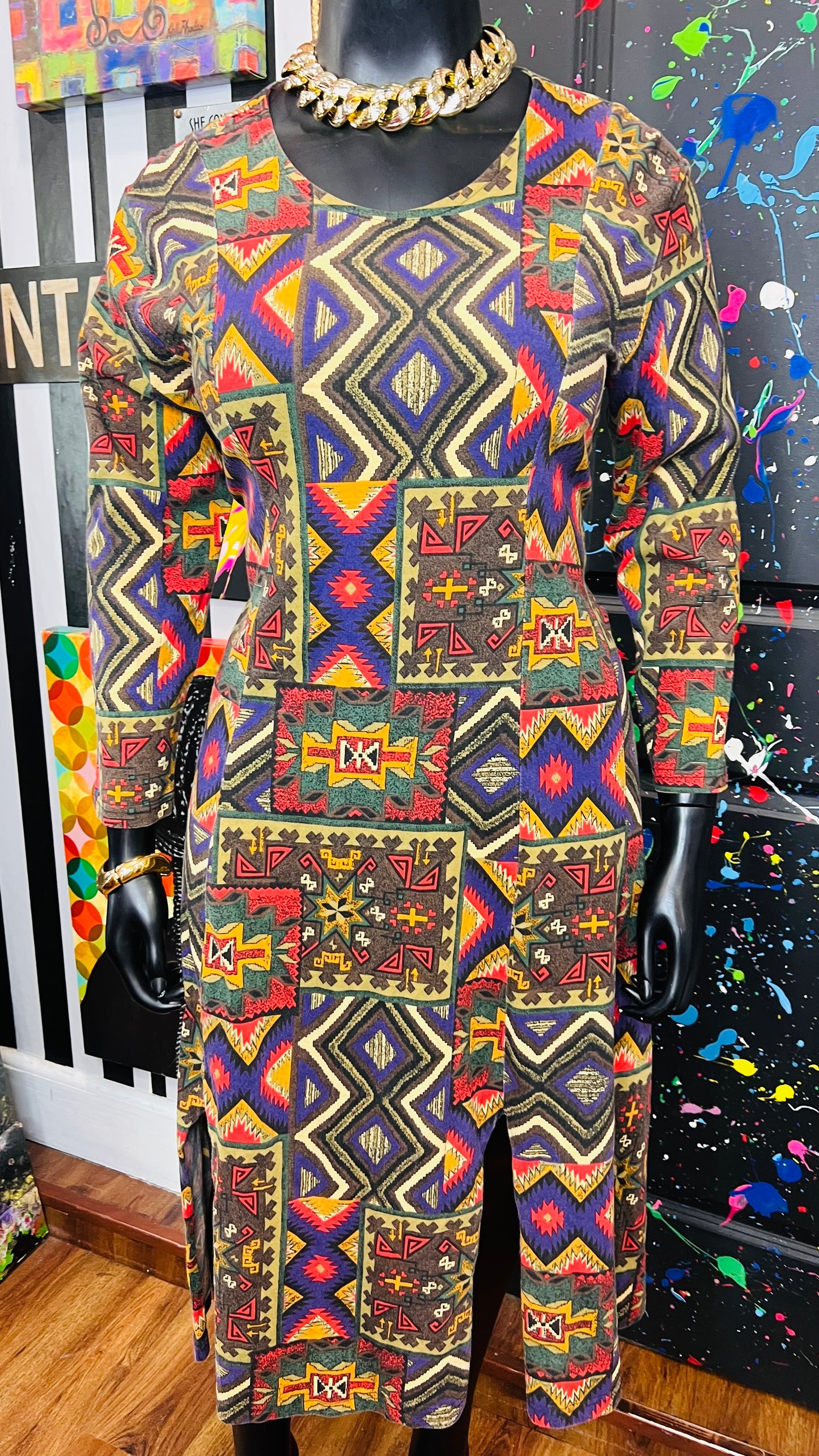 Vintage Cotton Tribal Print Dress (12/14)