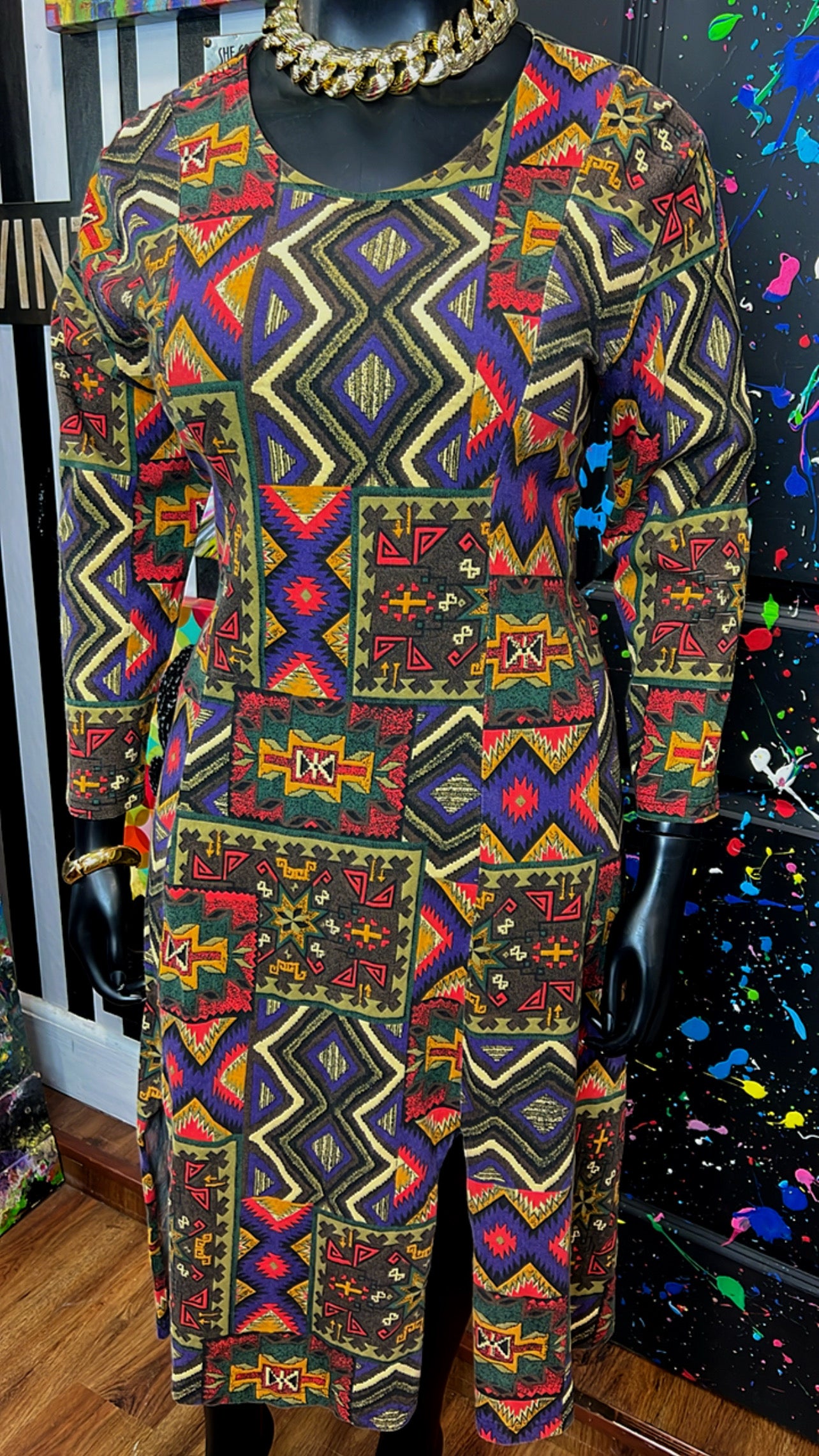 Vintage Cotton Tribal Print Dress (12/14)