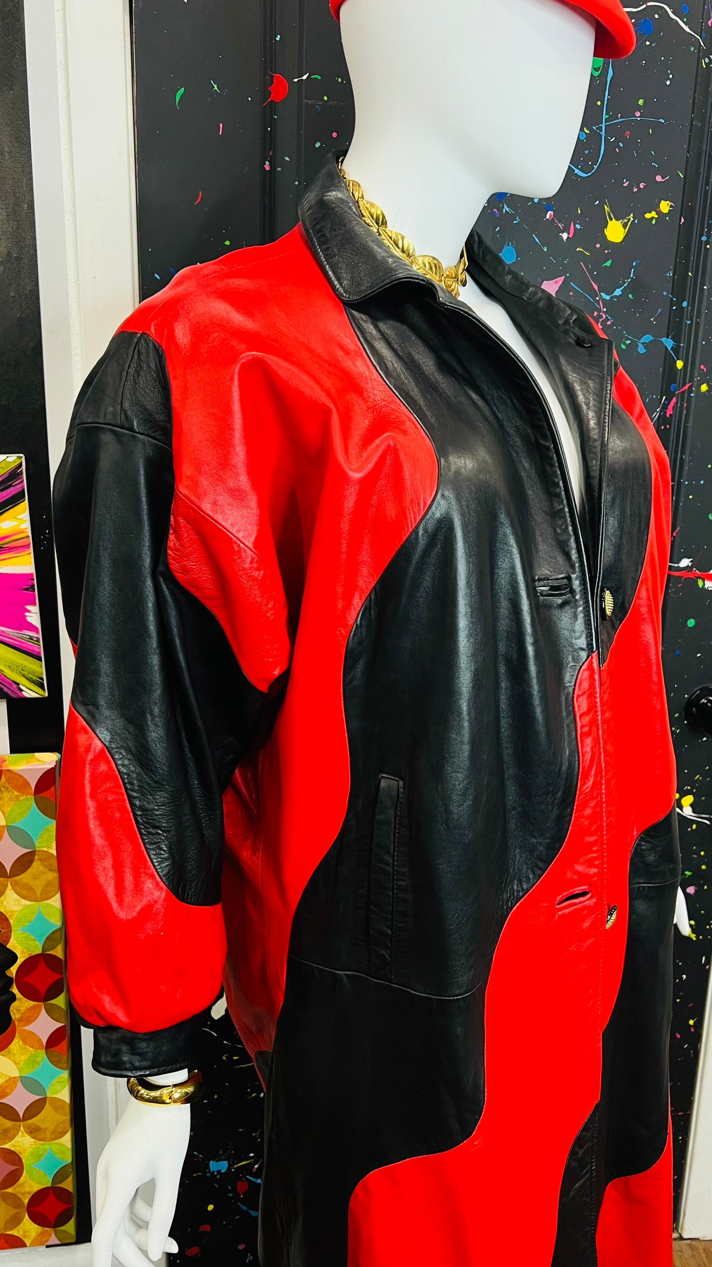 Vintage Genuine Leather Red & Black Trench Coat (16)