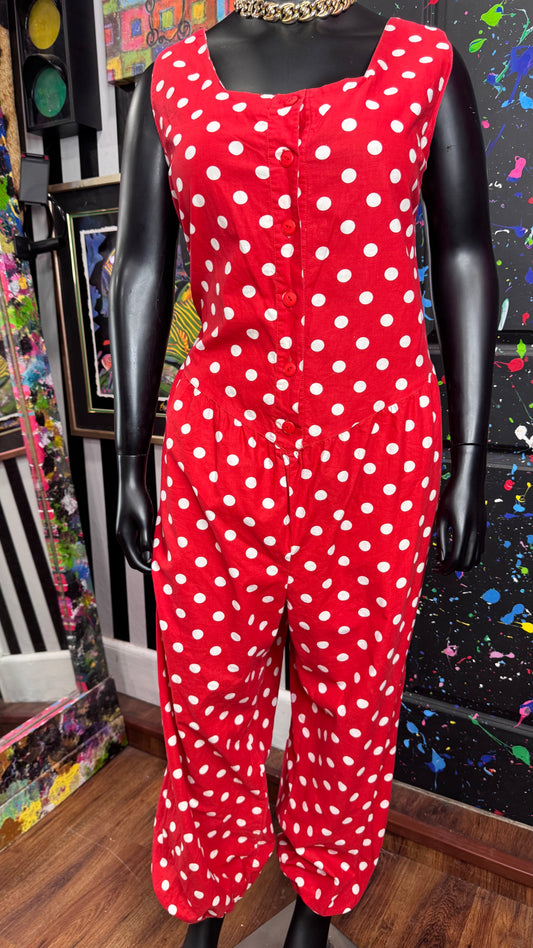 Vintage Cotton Pleated Waist Red & White Jumpsuit (20) *KC