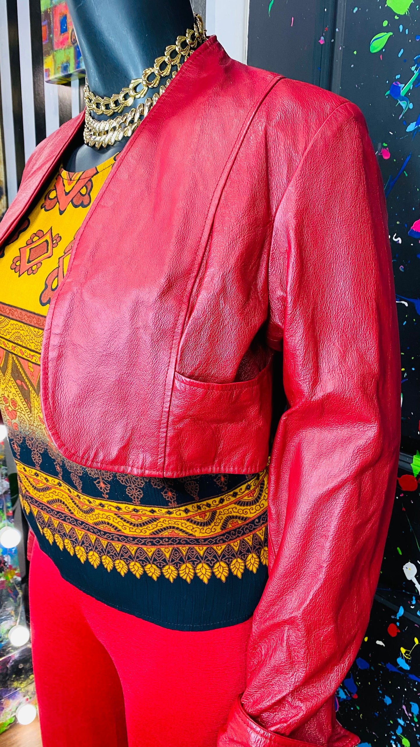 Vintage Y2K Red Cropped Genuine Leather Jacket (16)