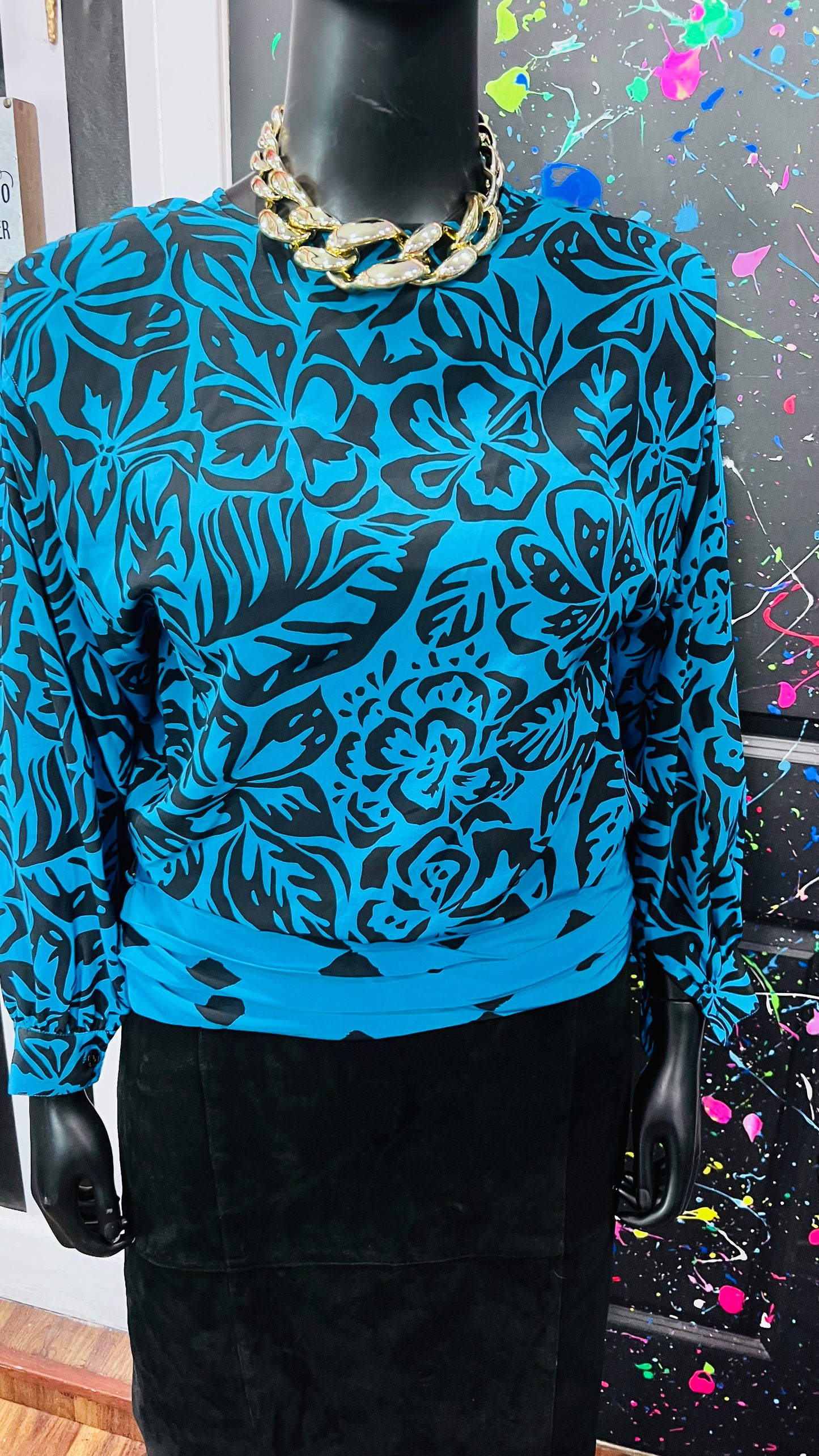 Vintage Mix Print Blue & Black Blouse (14)