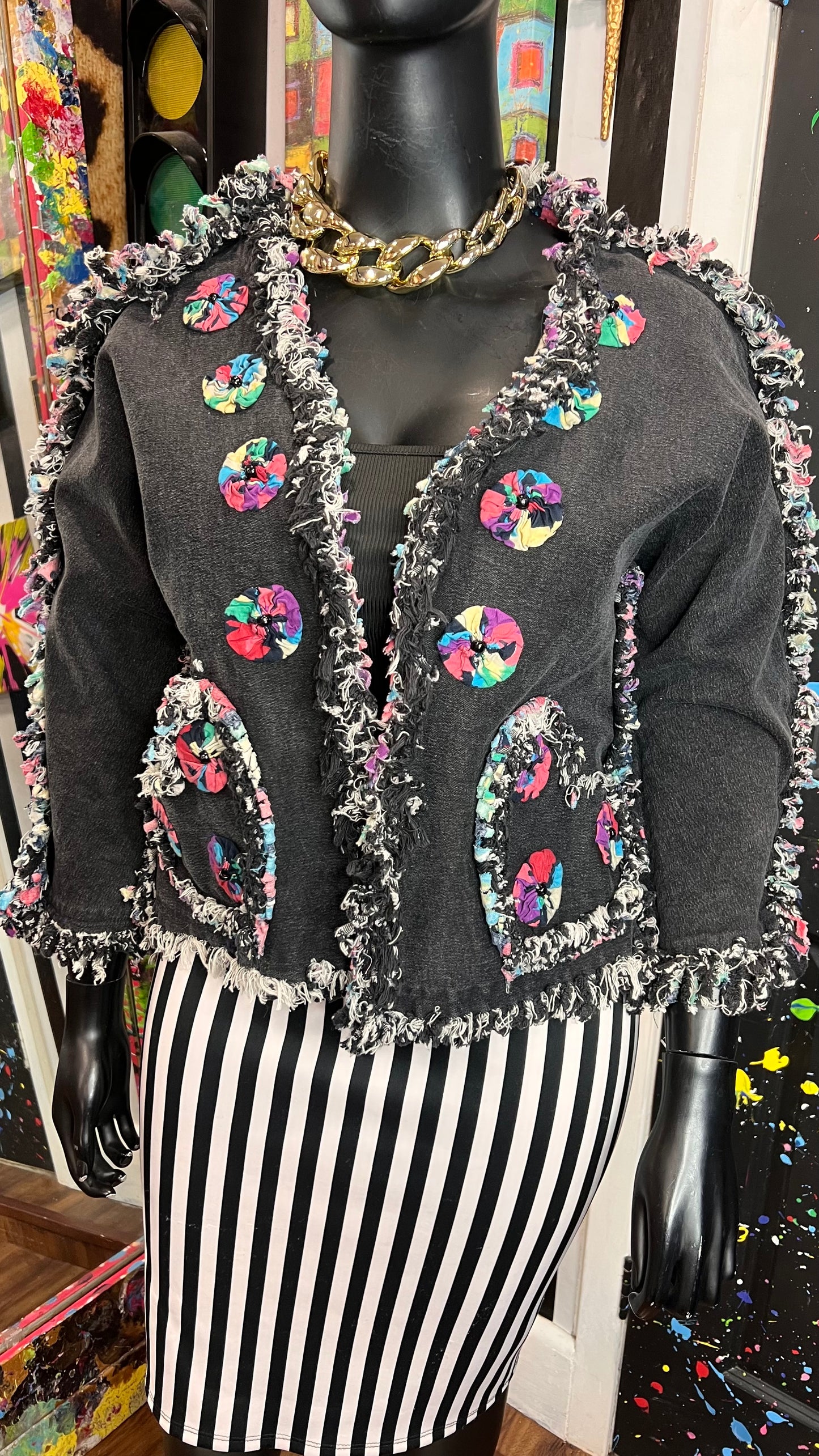 Vintage Black Denim Distressed Cropped Jacket (16)