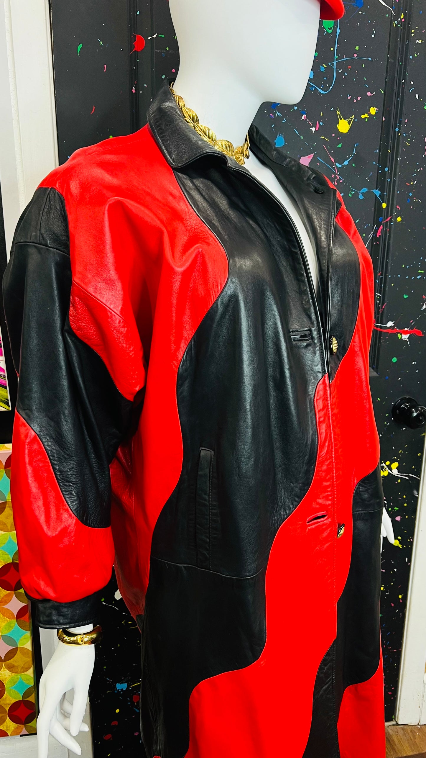 Vintage Genuine Leather Red & Black Trench Coat (16)