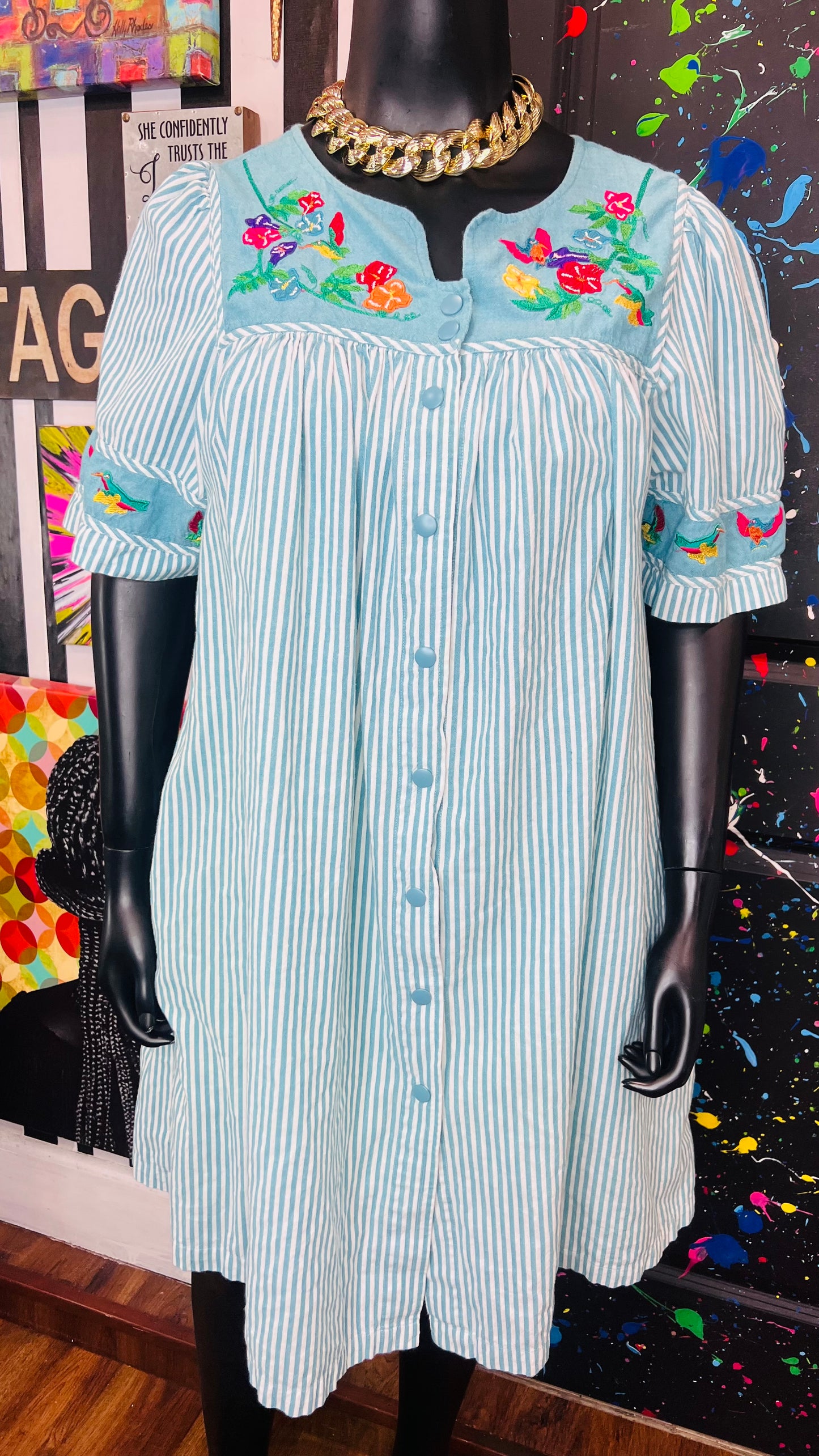 Vintage Striped Cotton House Dress- Blue & White (18/20)