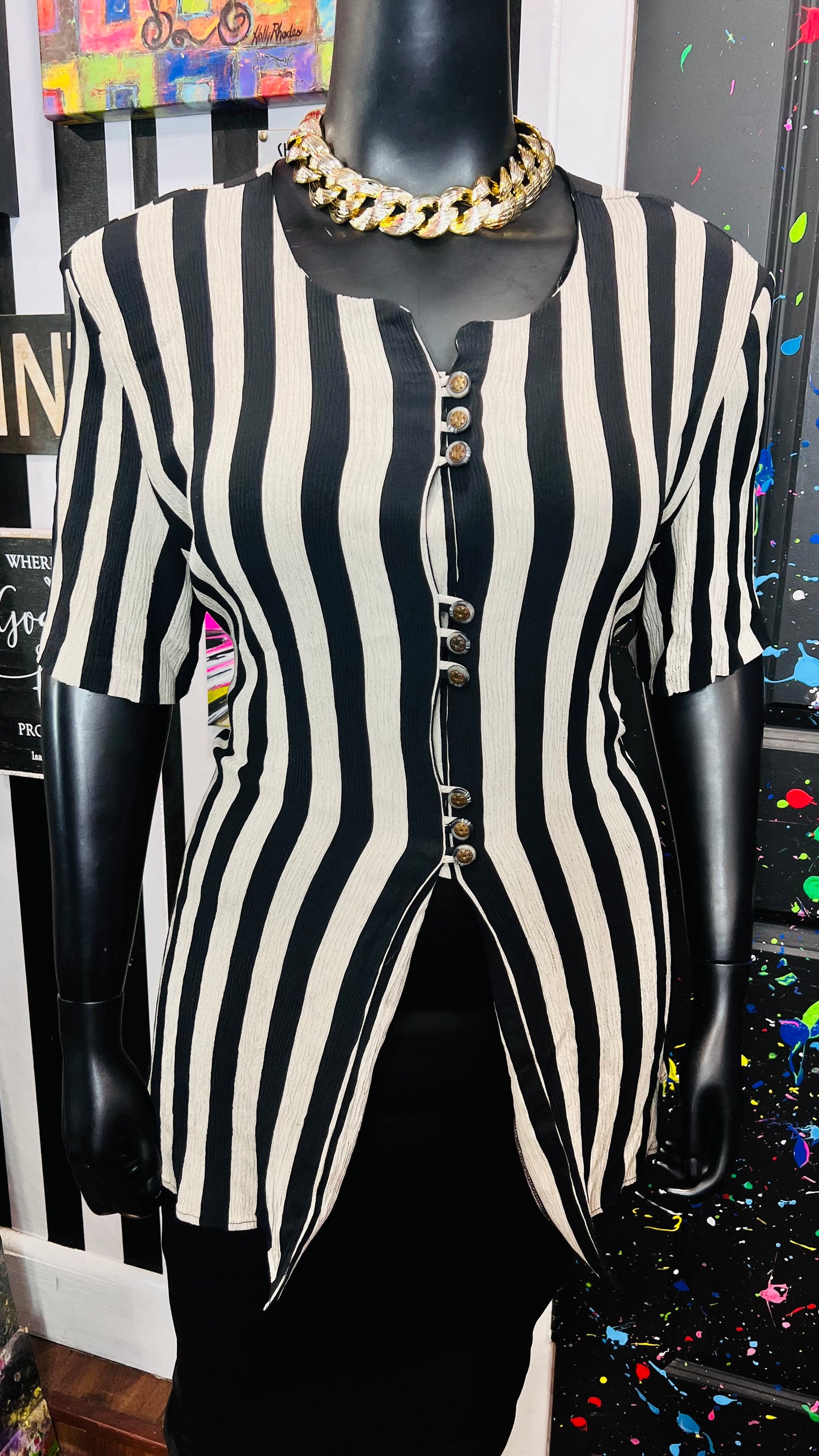 Vintage Beige & Black Striped Blouse (20)