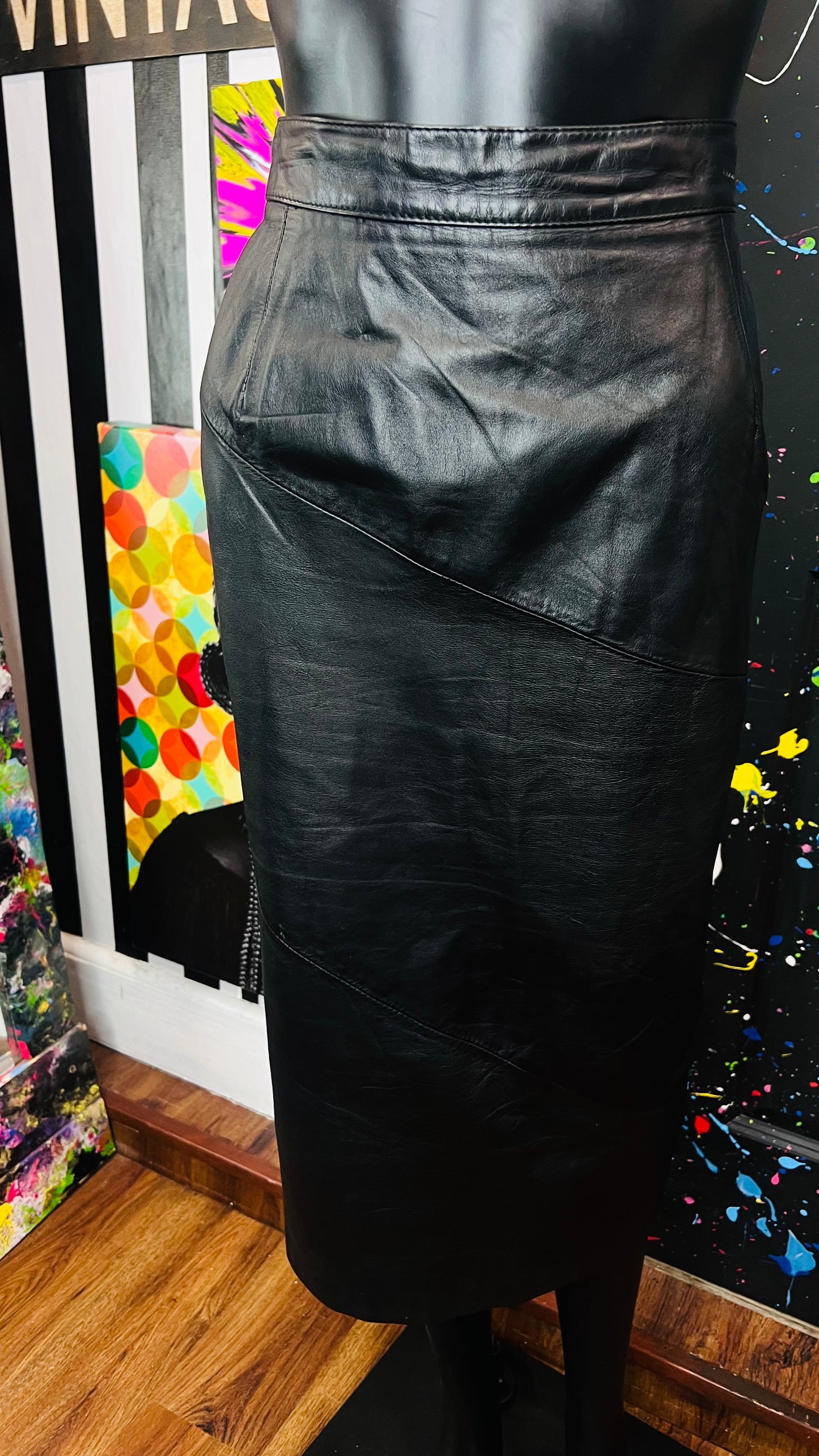 Vintage Black Genuine Leather Skirt (12/14)