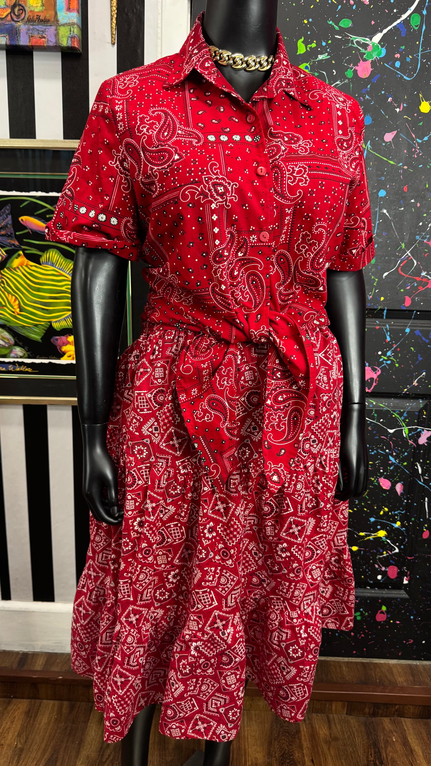 Vintage Red Bandana Skirt Set w/ Tie Front Blouse (18)