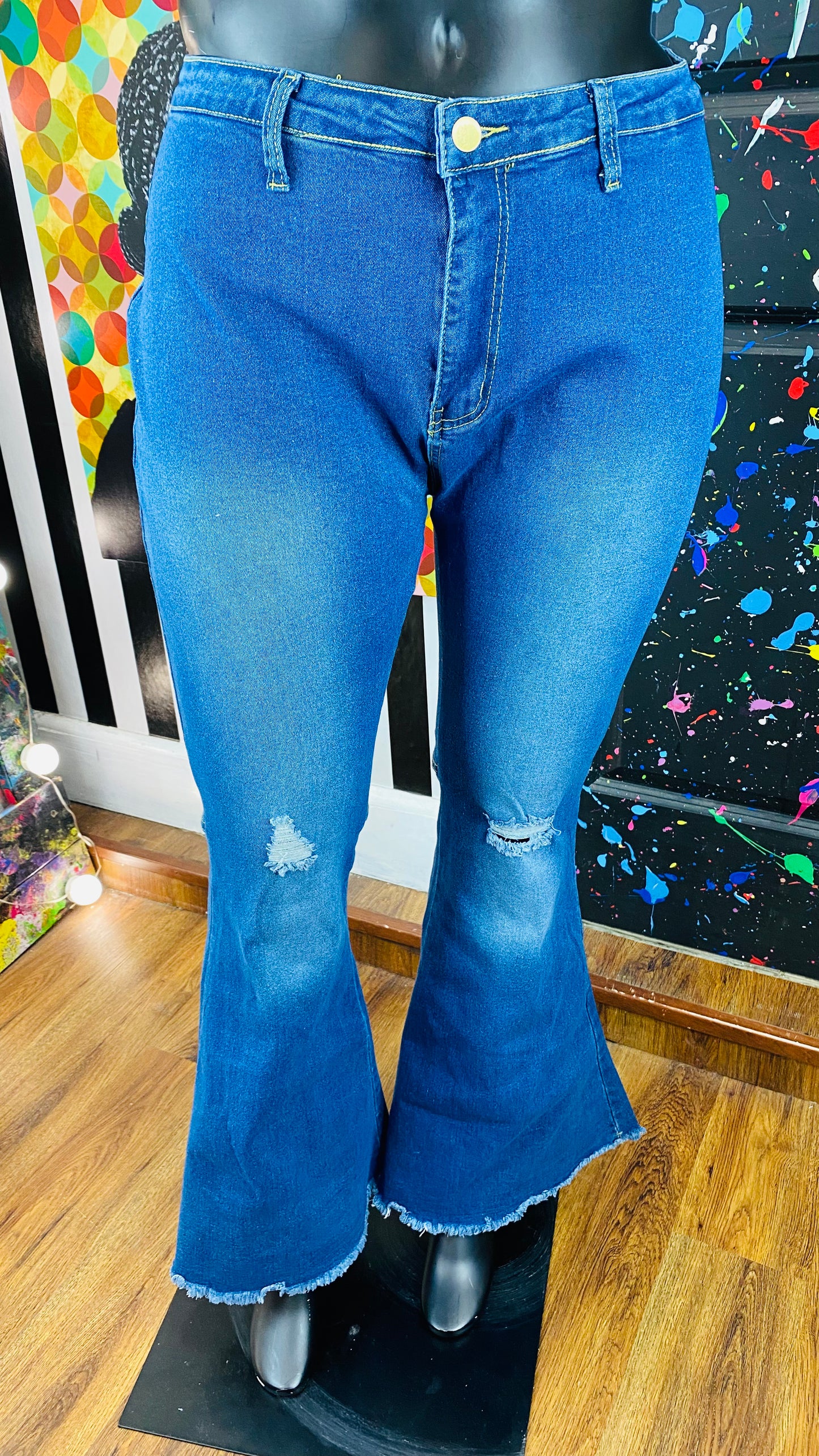 Bell Legged Distressed Blue Jeans