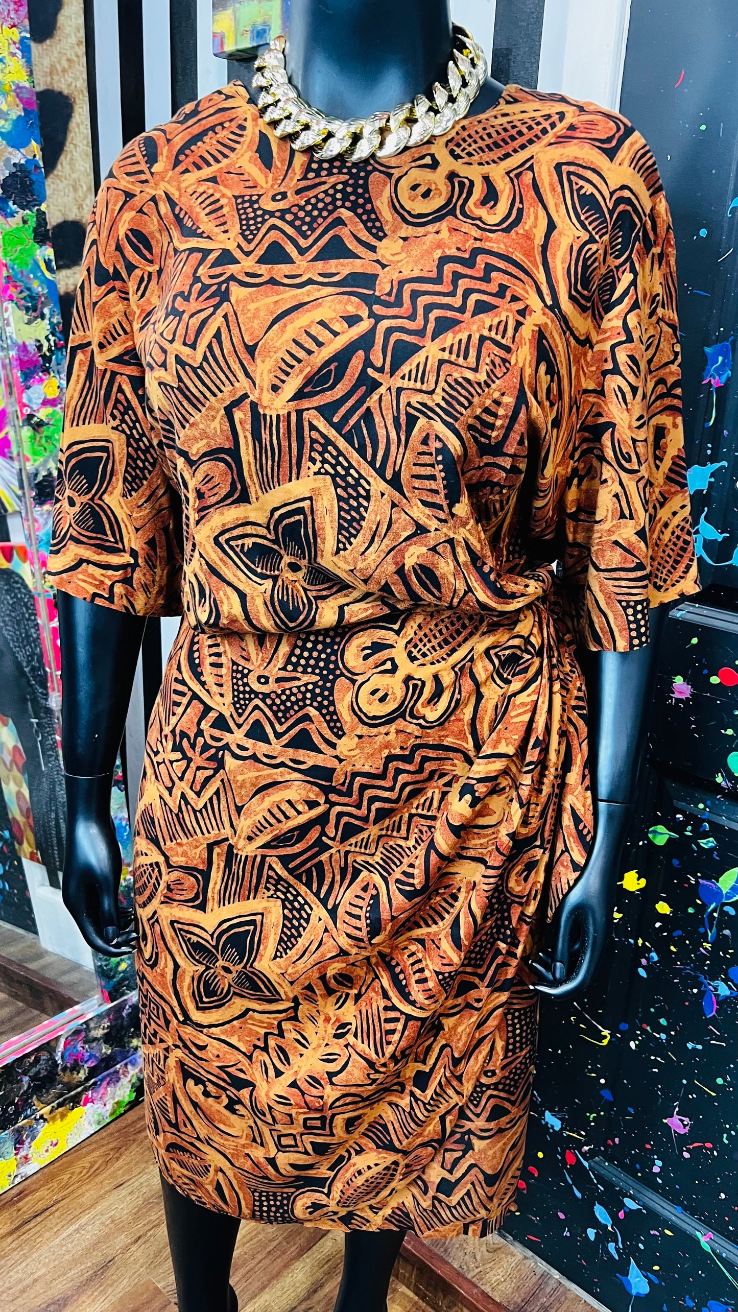 Vintage Rayon Sarong Style Tribal Print Dress (28) - Fits Like a 22