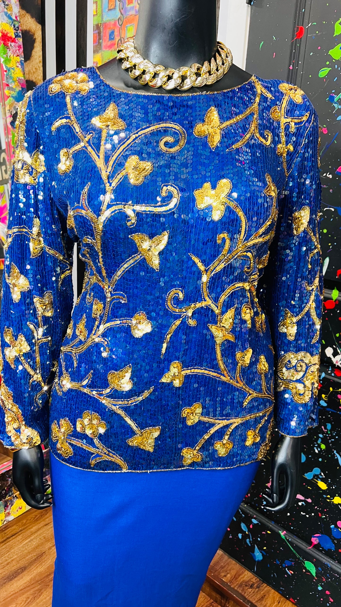 Vintage Blue & Gold Sequin Blouse (14)