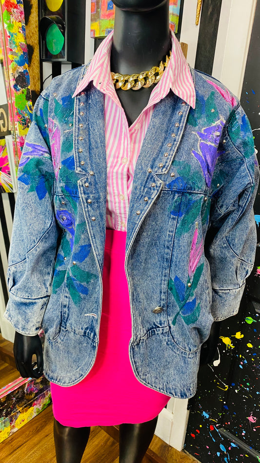 Plus size Vintage Stone Wash Hand Painted Denim Jacket (14)