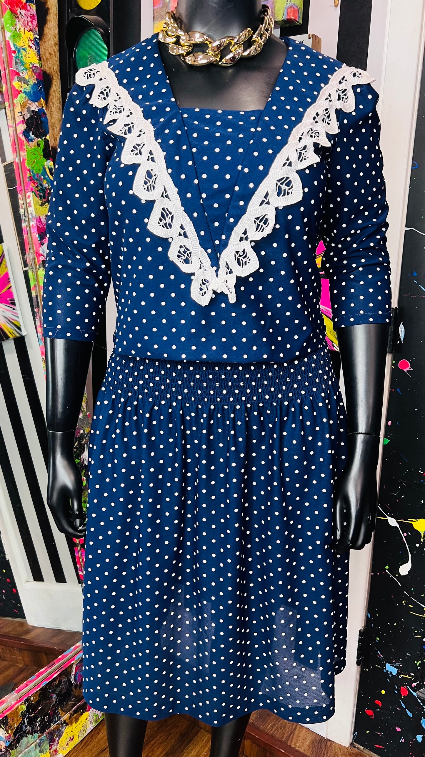 Vintage Navy Blue & White Polka Dot Dress (12)