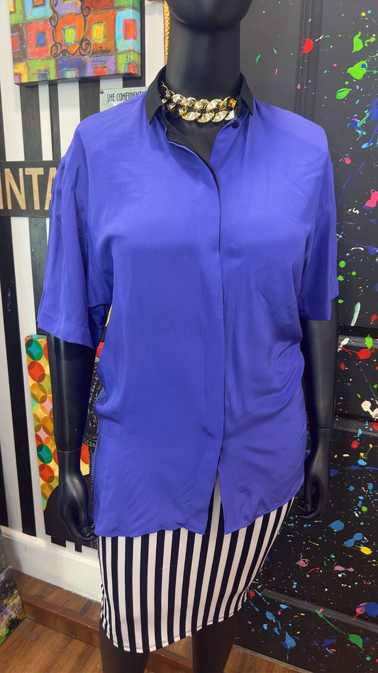 Vintage 100% Silk Purple & Black Color Block Blouse (14)