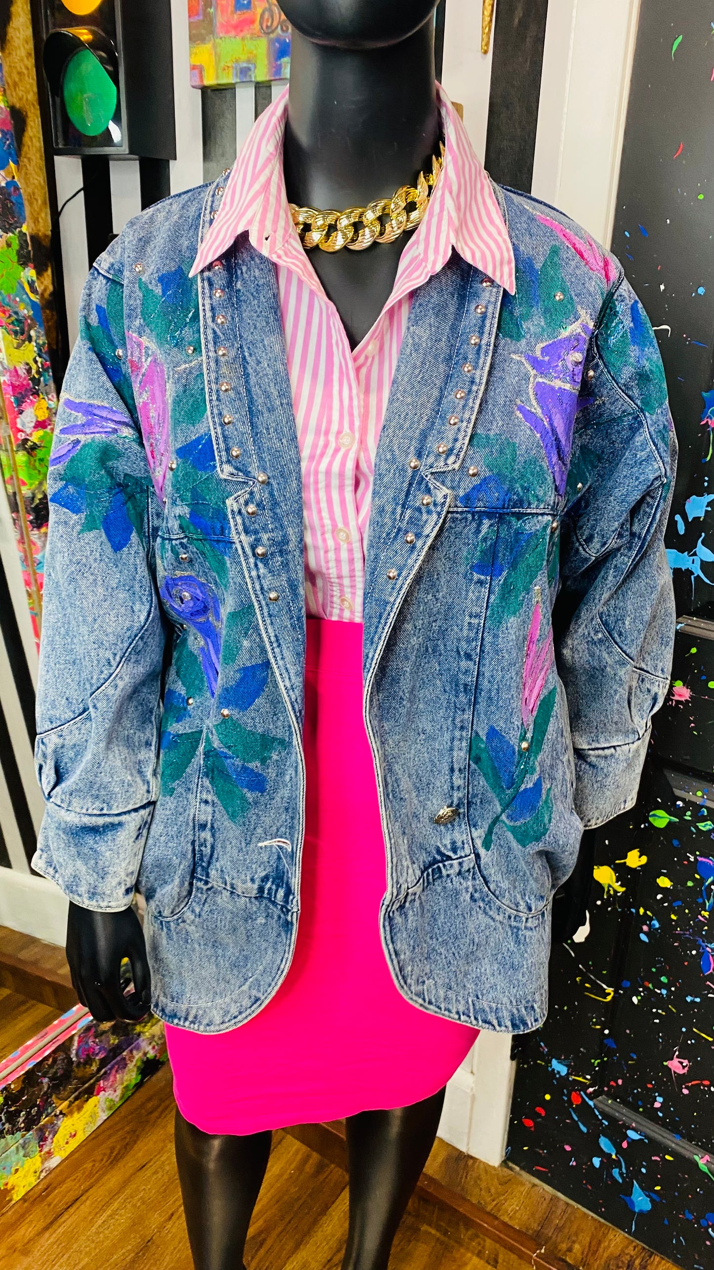Plus size Vintage Stone Wash Hand Painted Denim Jacket (14)
