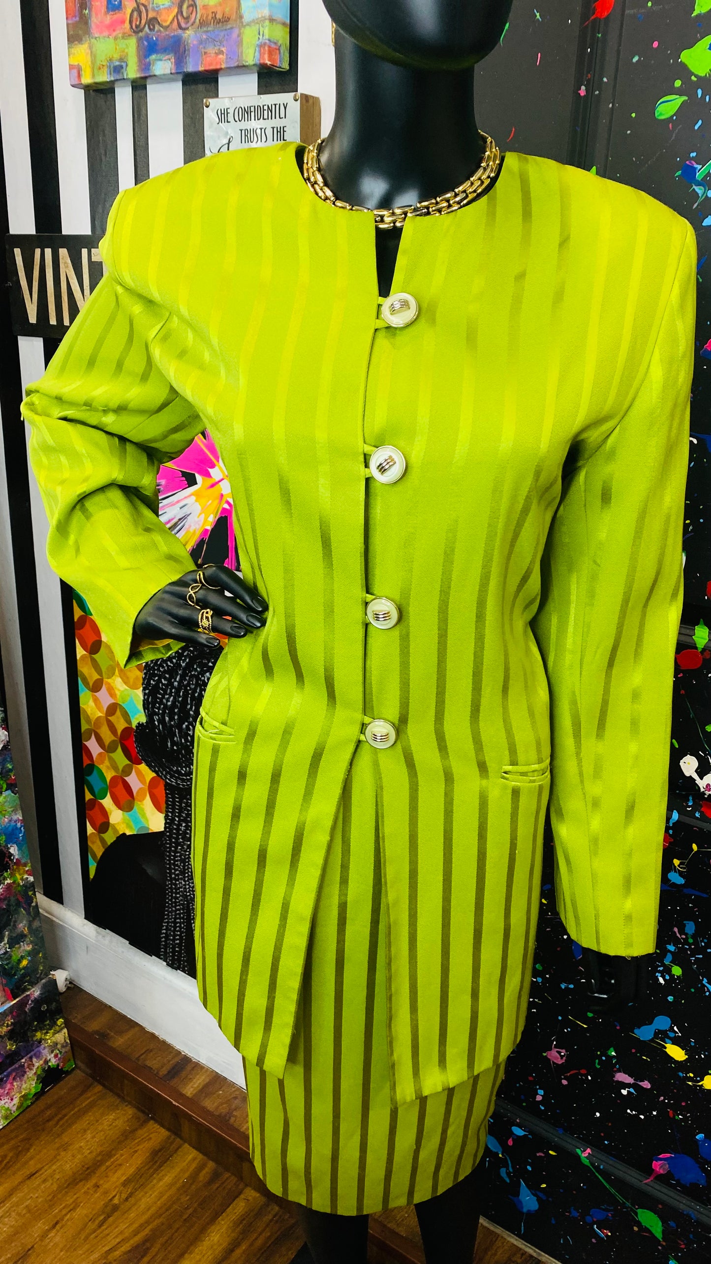 Vintage Green Striped Skirt Suit (14)