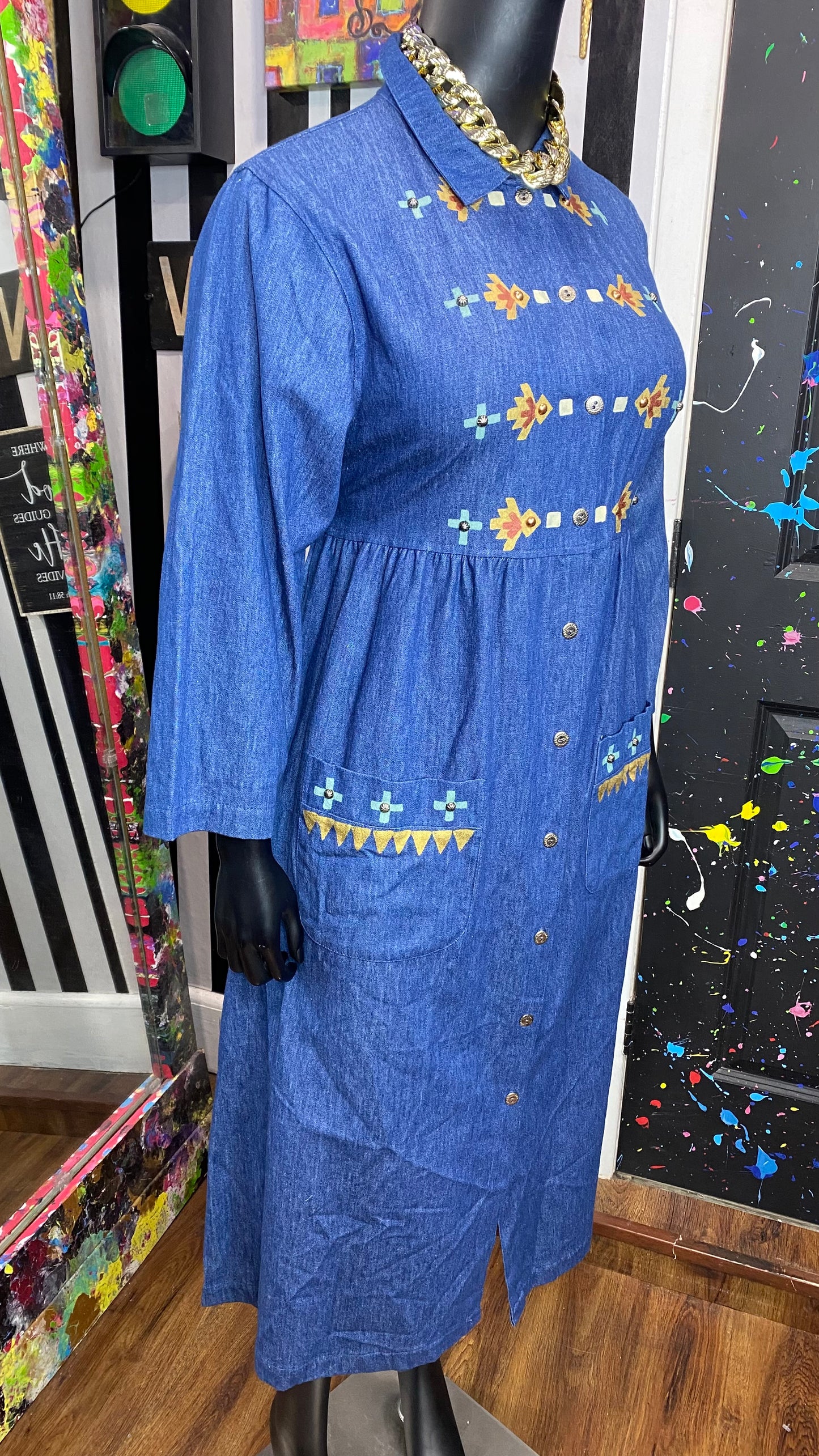 Vintage Denim Tribal Print Dress (12)