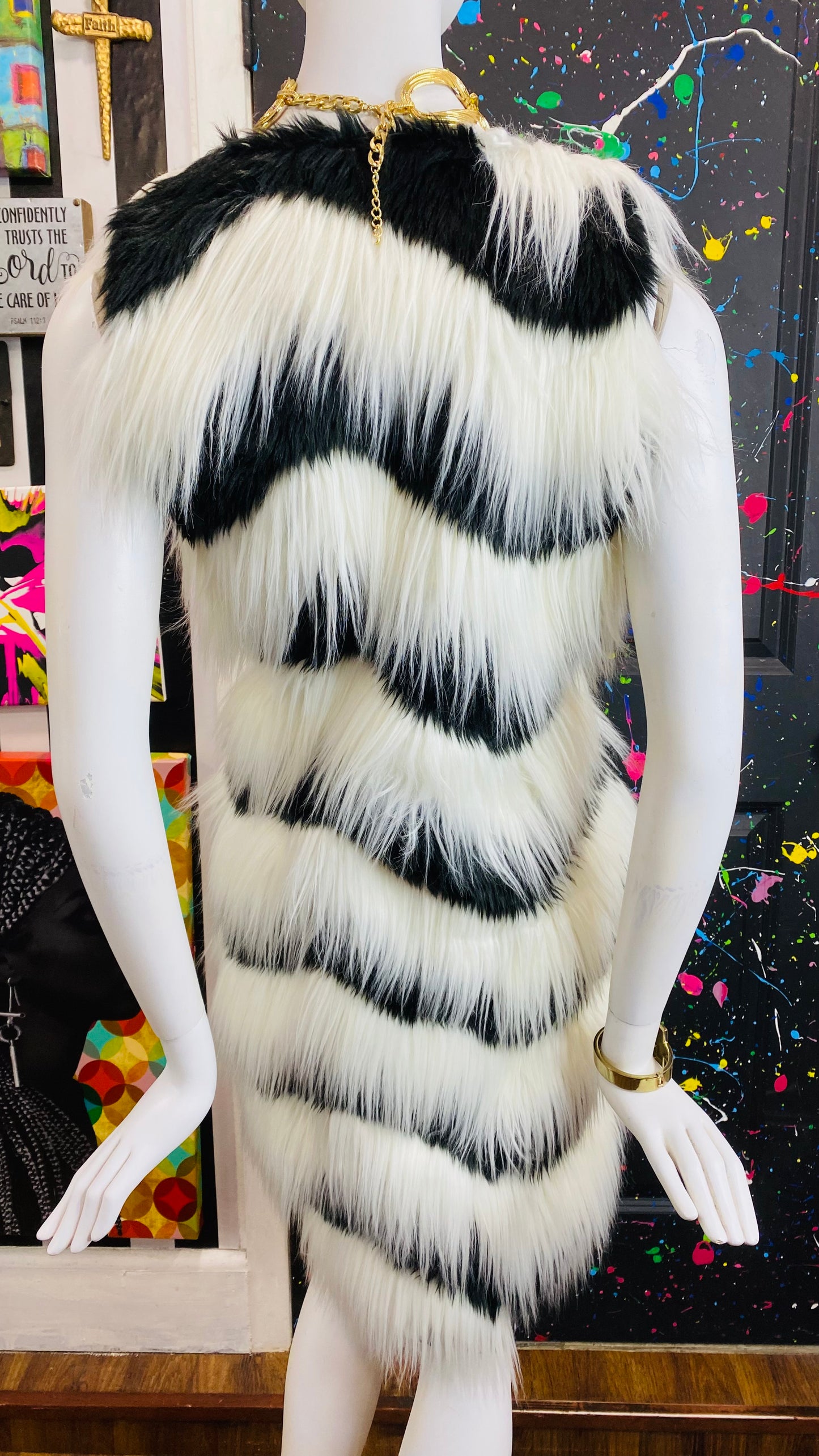 Faux Fur Black & White Striped Vest (12)