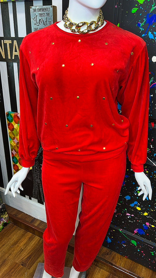 Vintage Red Studded Pants Velour Set (18)