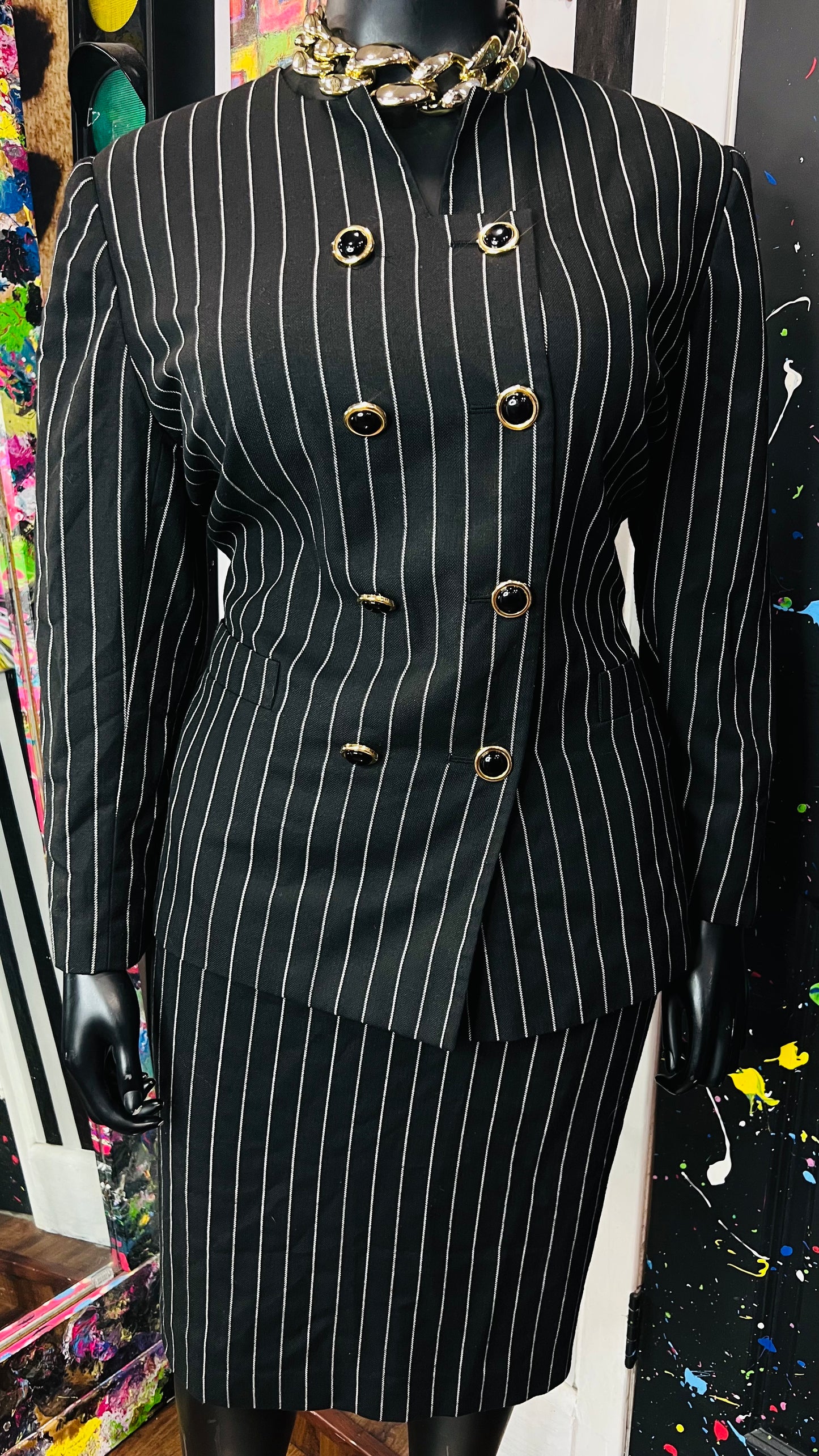 Vintage Black & White Striped Skirt Suit (20W)