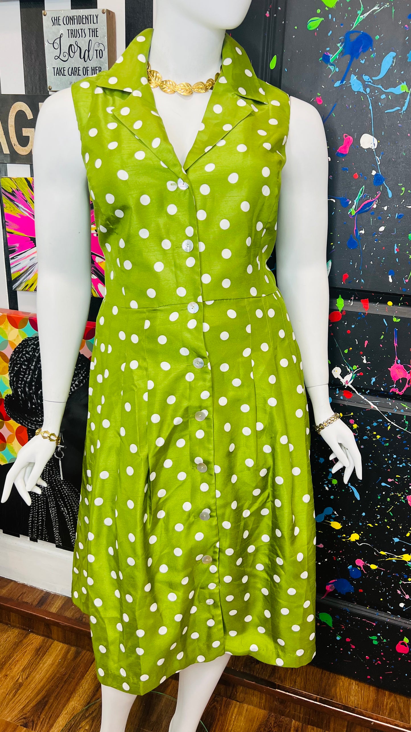 Vintage Y2K Green & White Polka Dot Dress (20W)