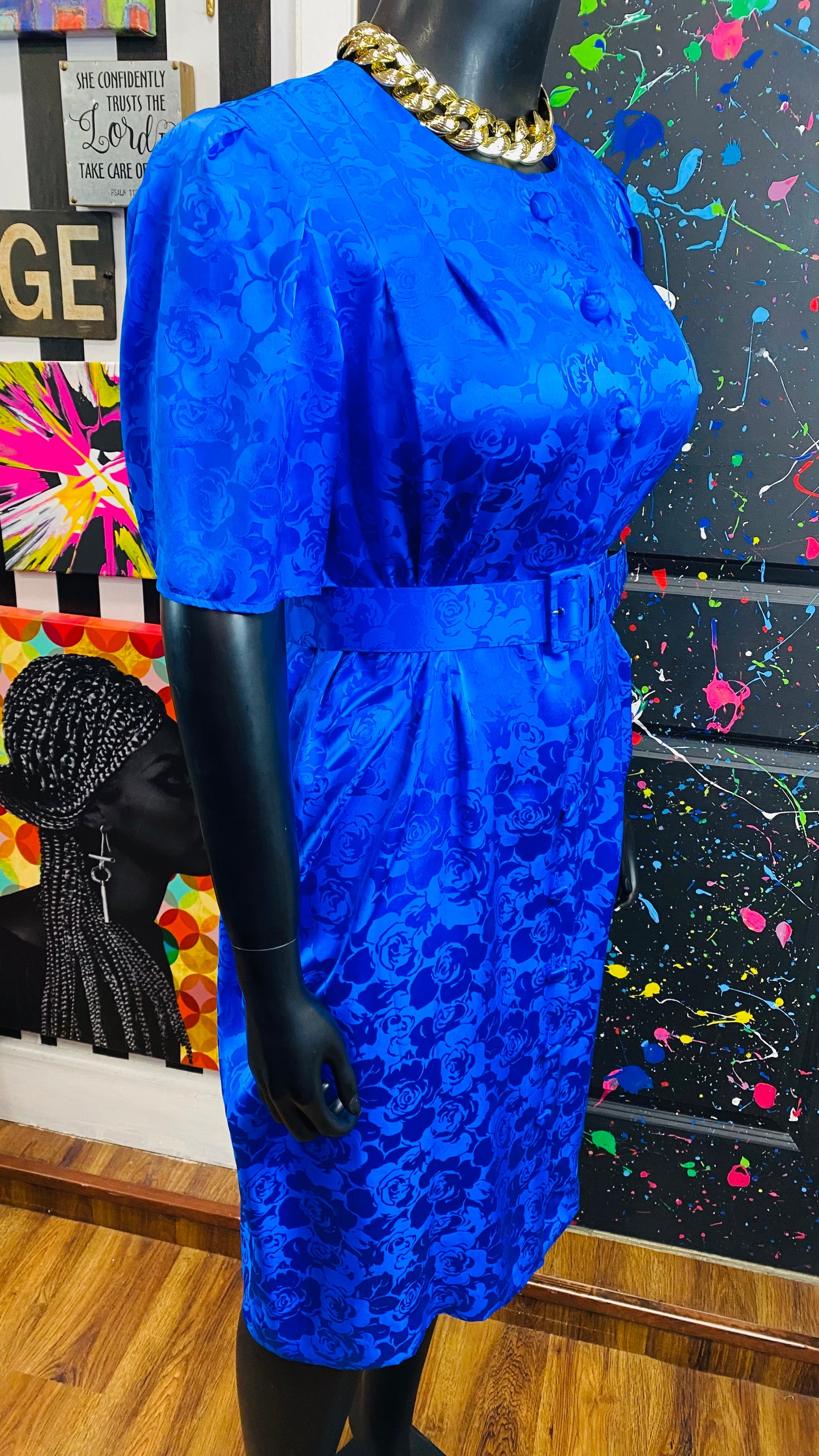 Vintage Blue 100% Silk Belted Dress (20)