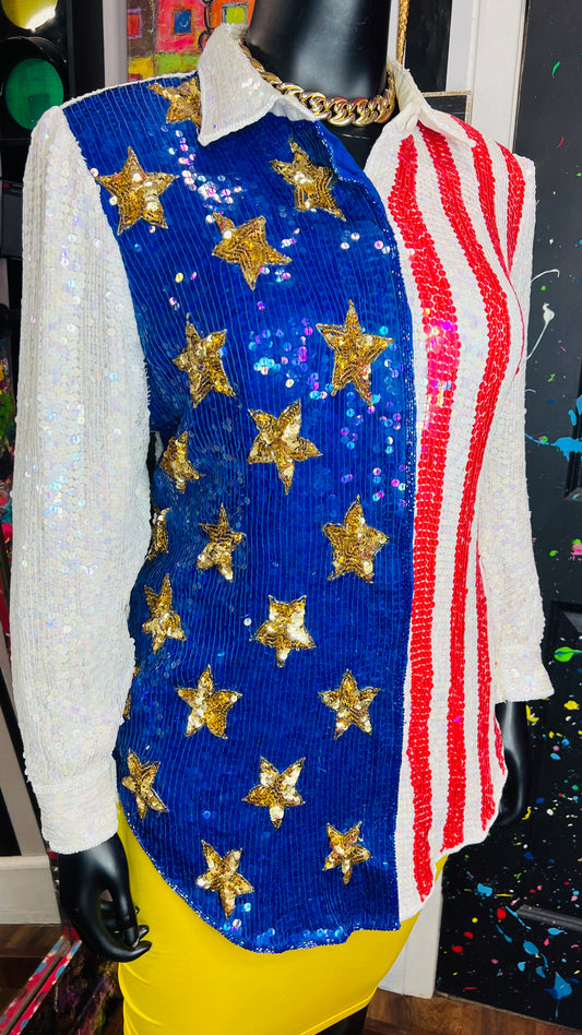 Vintage 100% Silk Sequin American Flag Blouse (20)