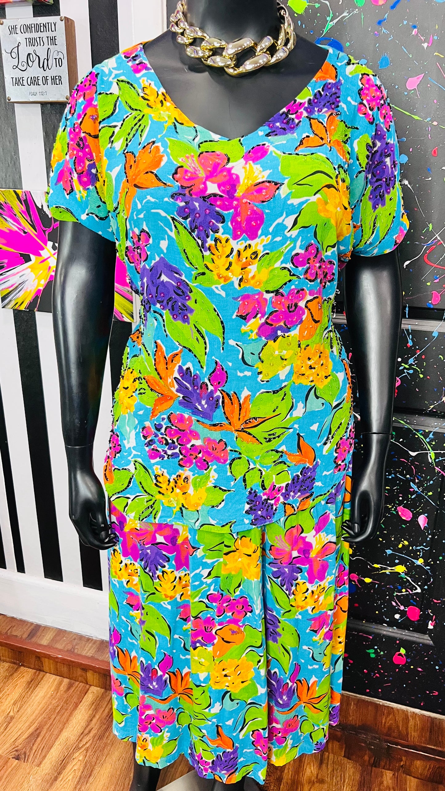 Vintage We Be Bop Floral & Sequin Rayon Skirt Set (20) *KC