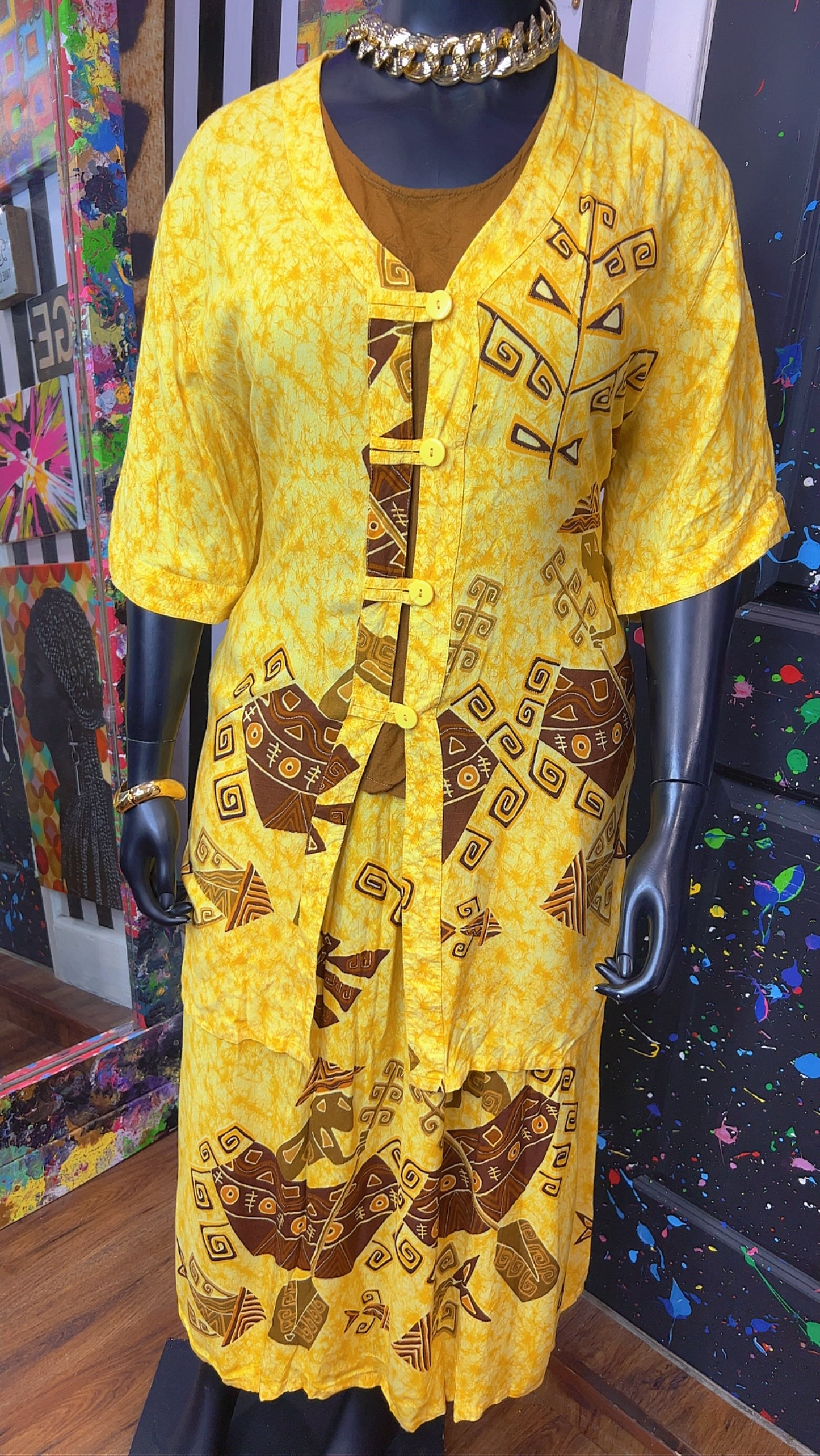 Vintage Rayon Tribal Yellow Skirt Set (18)