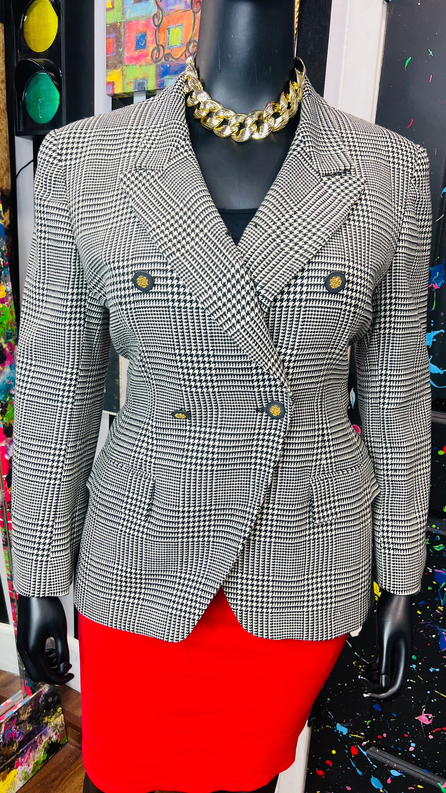 Vintage Houndstooth Blazer W/ Gold & Black Buttons (16)