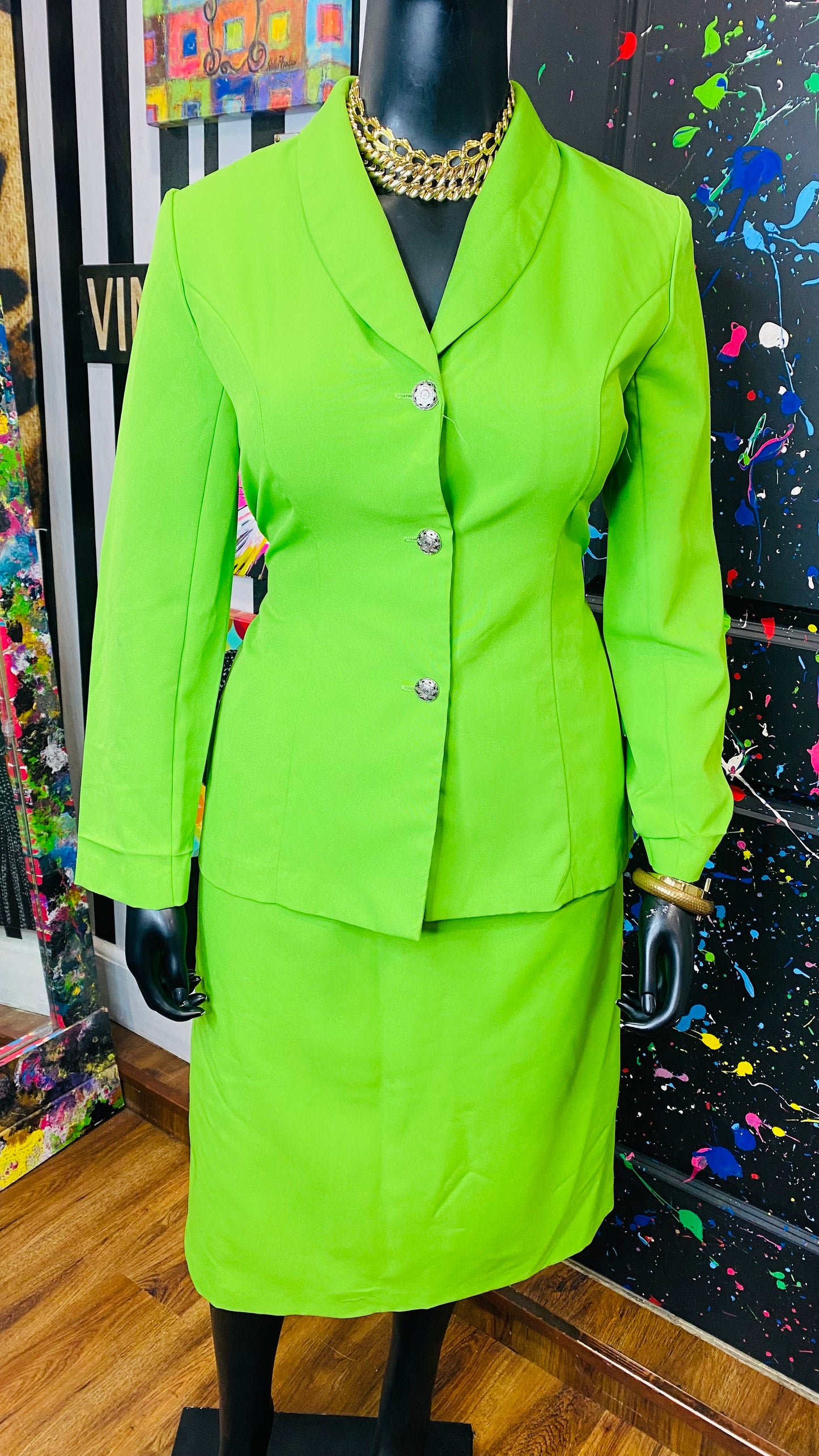 Vintage Bright Green Pleated Skirt Set (16)