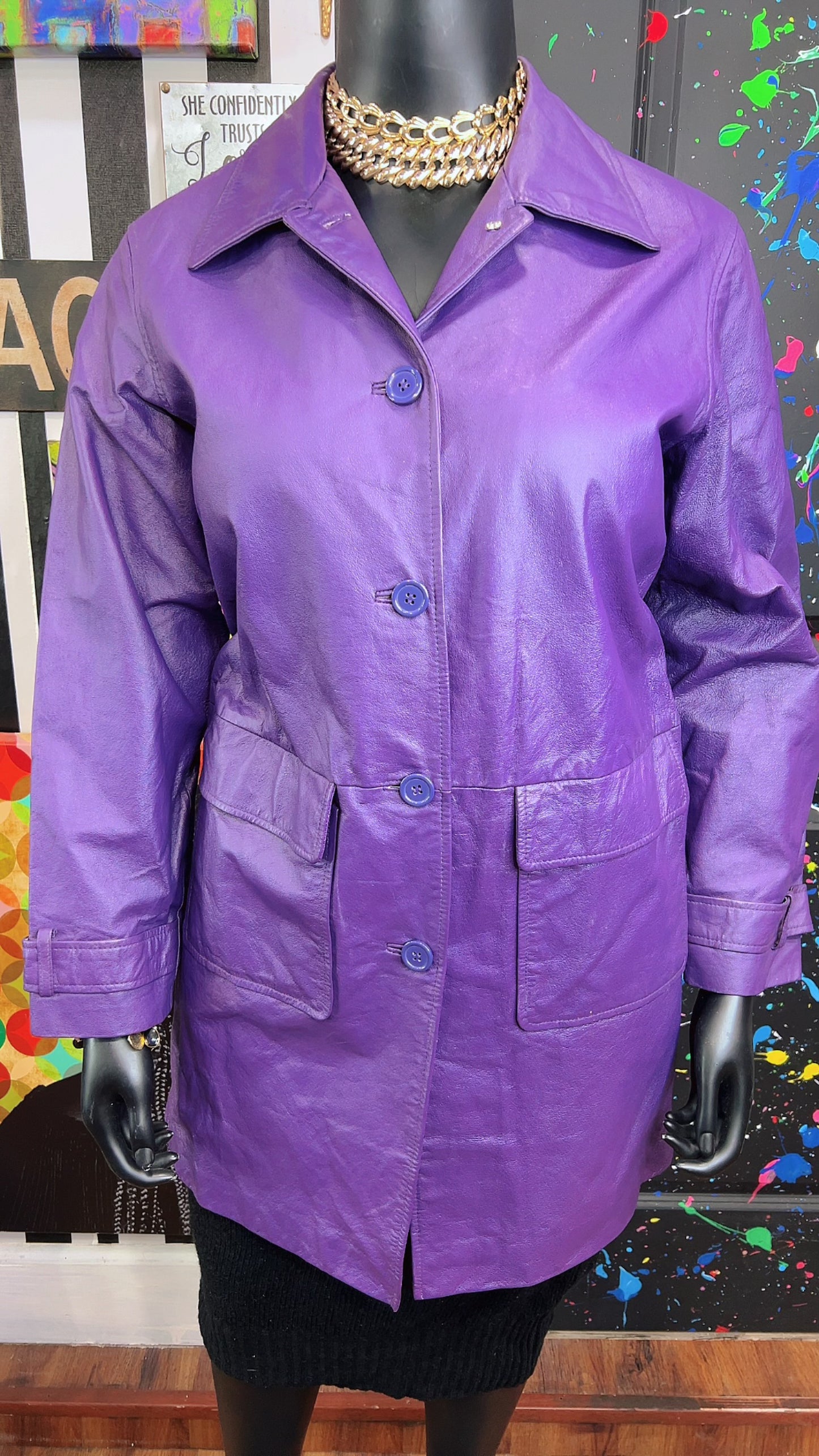 Vintage Genuine Leather Purple Trench Coat (14W)