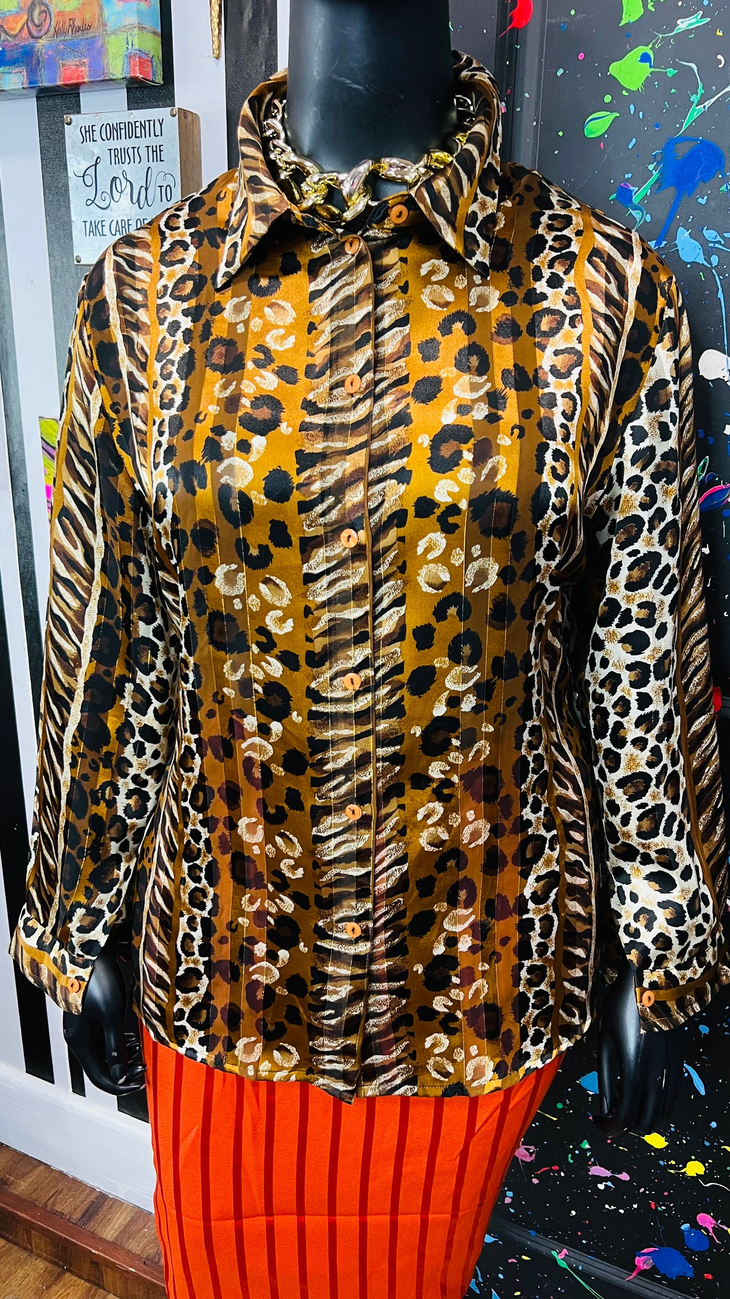 Vintage Animal Print Semi Sheer Blouse (22W)