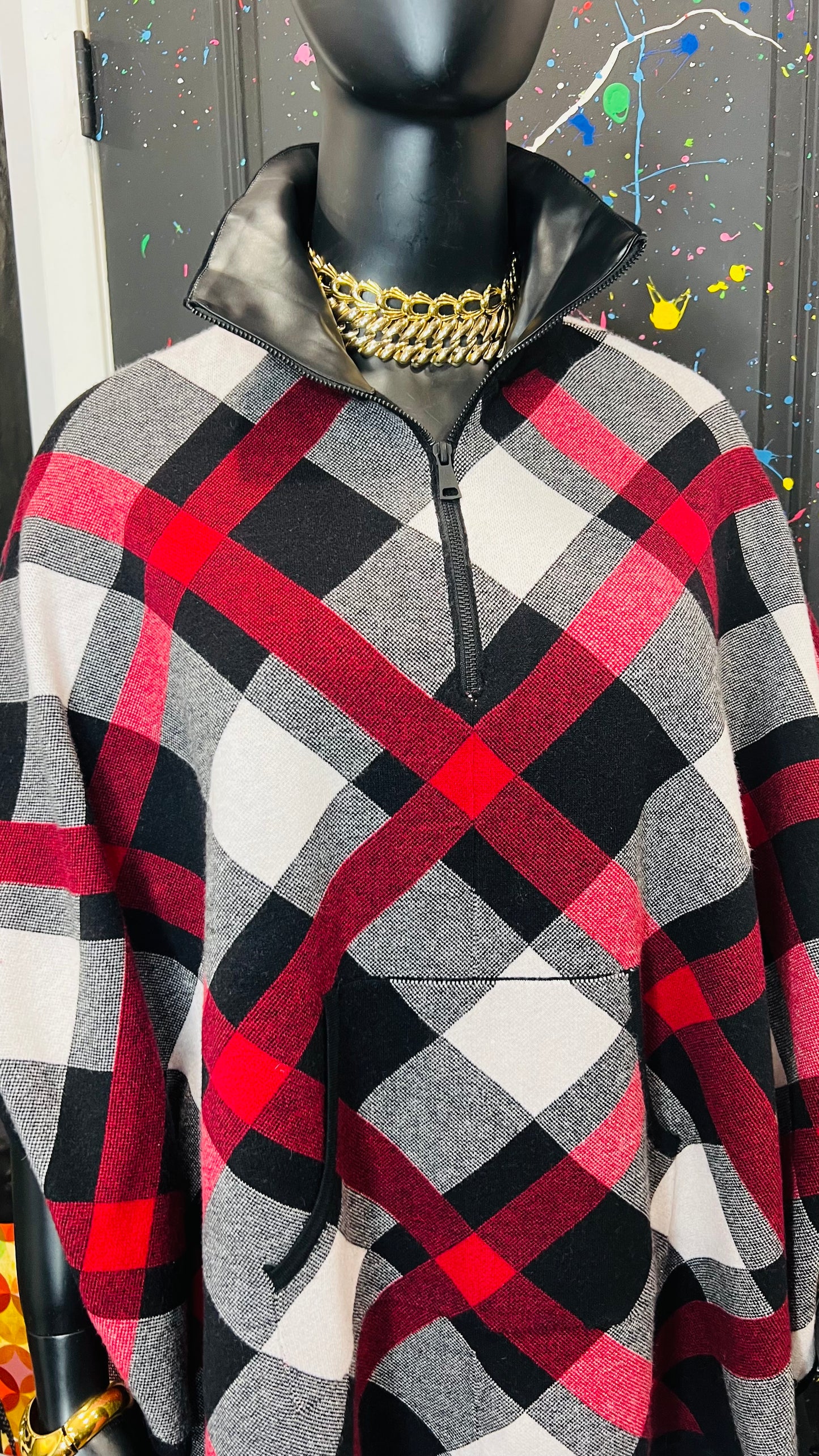 Plaid Stretch Knit Poncho (OS)