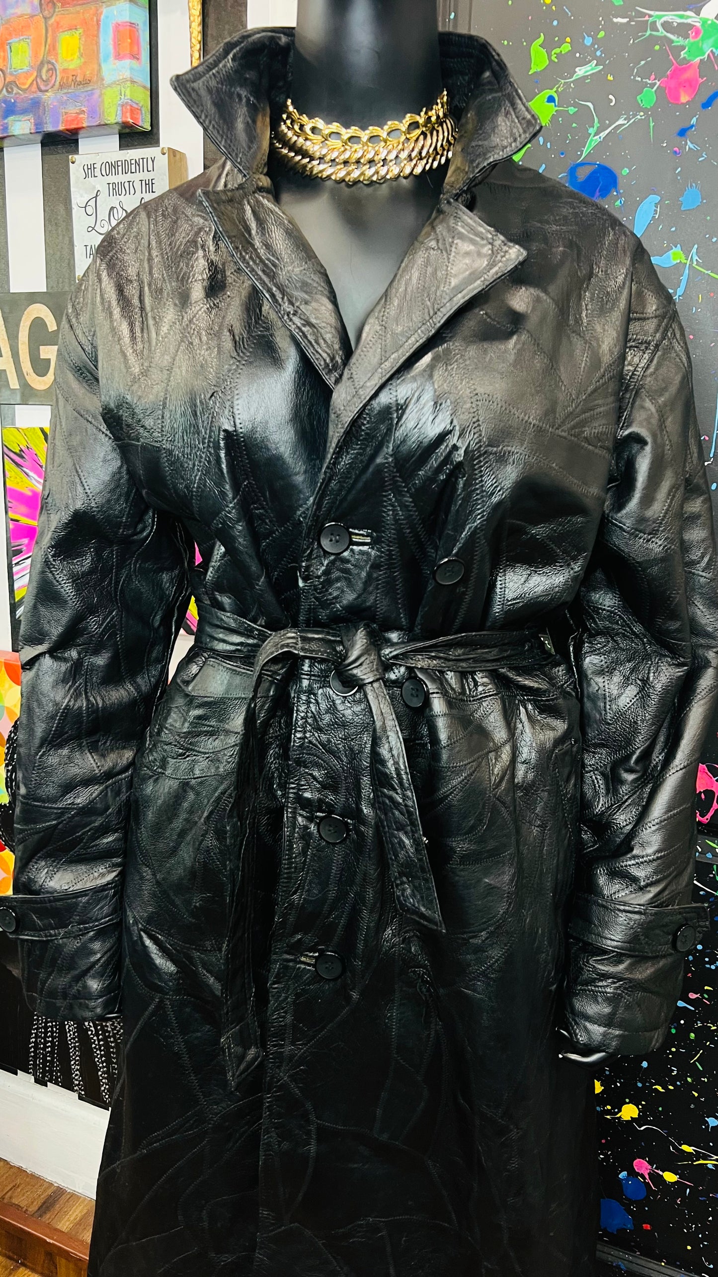 Vintage Genuine Leather Patchwork Trench Coat (18)