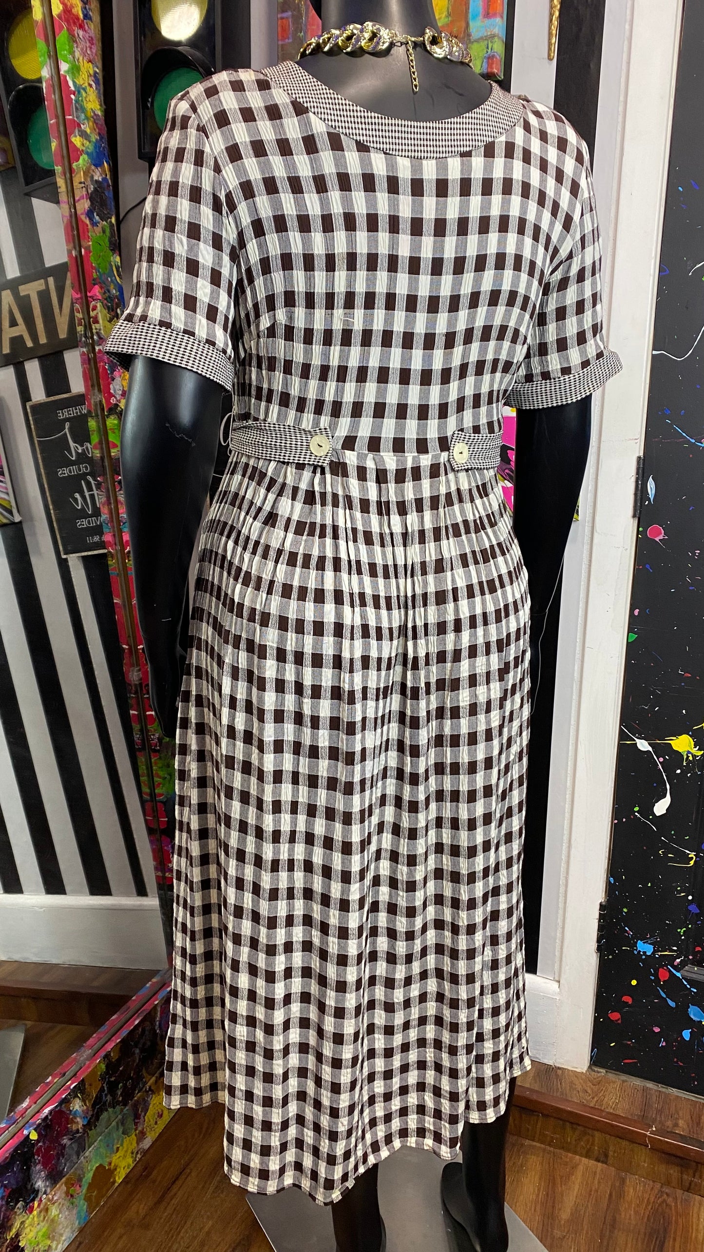 Vintage Brown & Cream Checkered Dress (16W)