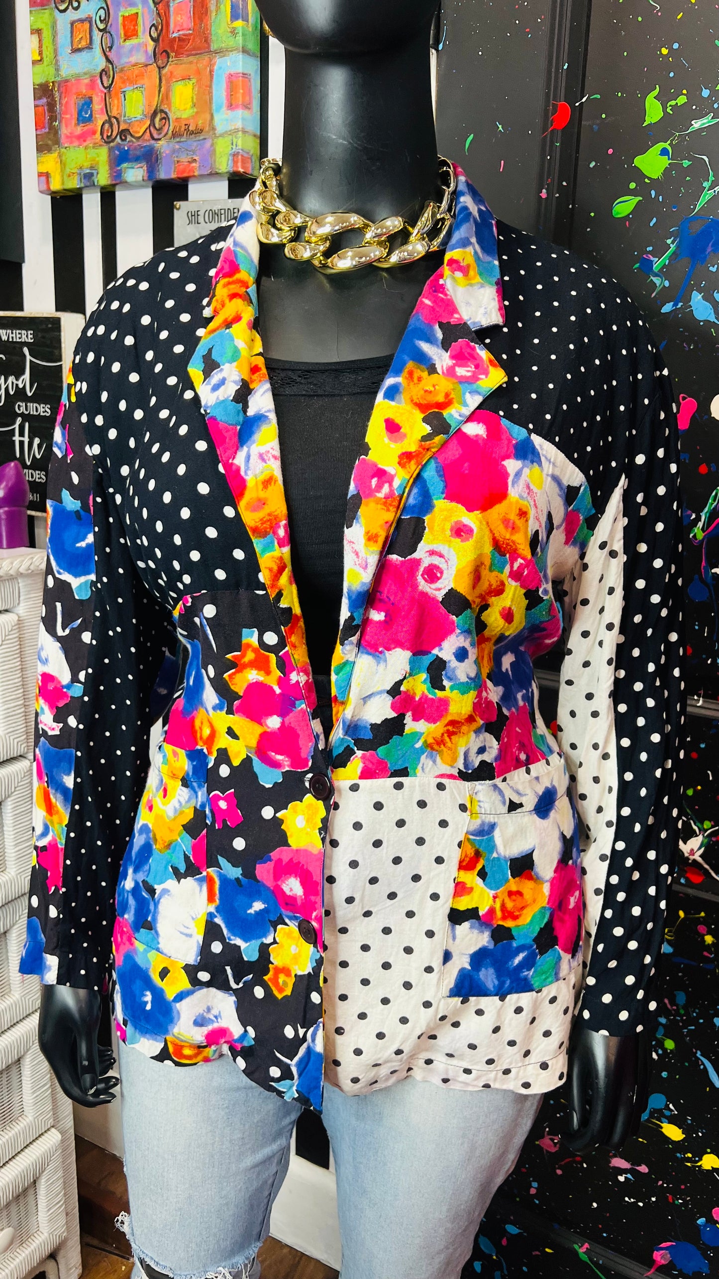 Vintage Rayon Polka Dot & Floral Blazer (18/20) *KC