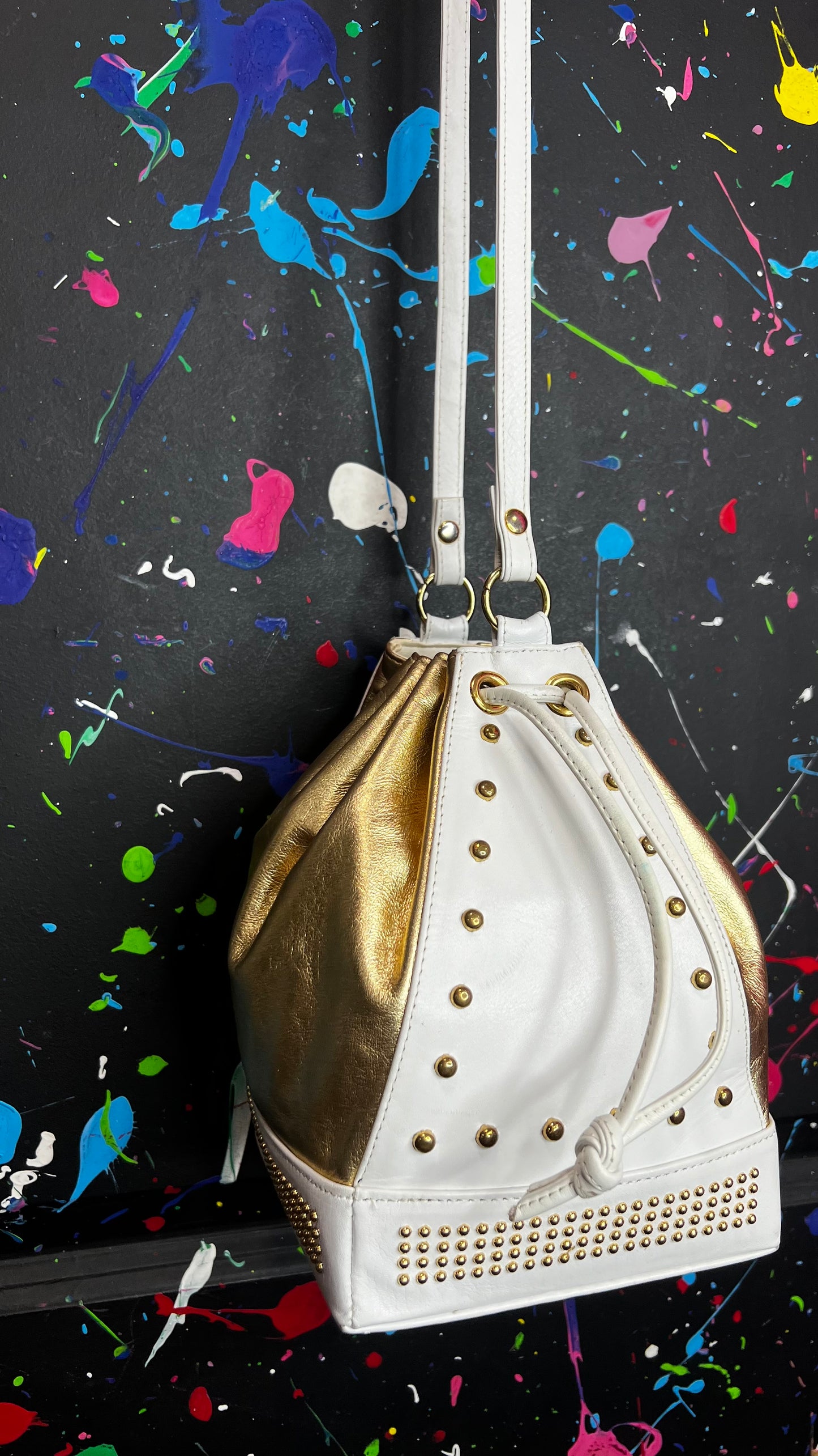 Vintage Genuine Leather Gold & White Studded Bucket Bag