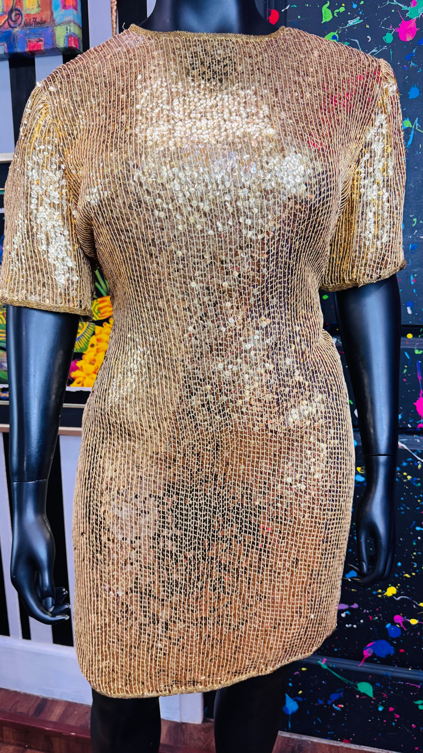 Vintage Gold Lawrence Kazar 100% Silk Sequin Dress (18)