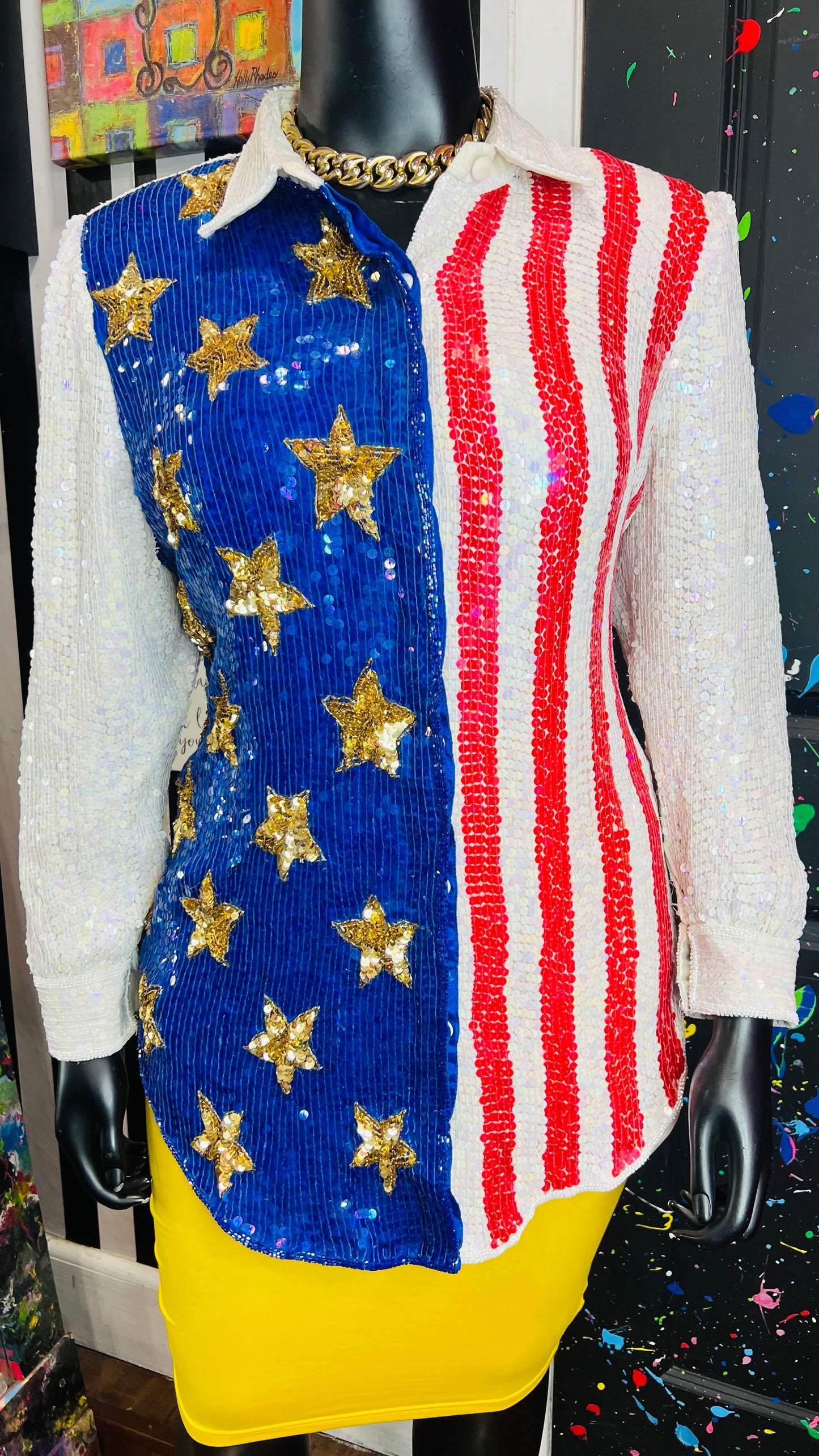Vintage 100% Silk Sequin American Flag Blouse (20)