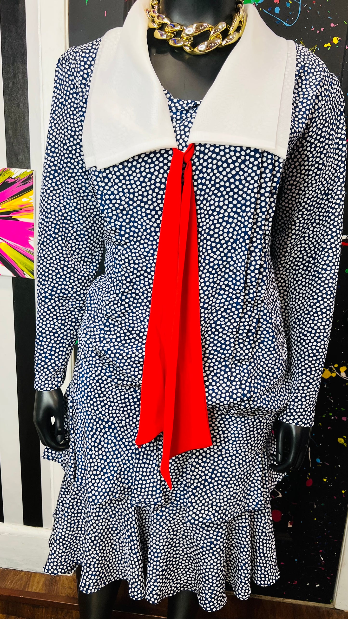 Vintage Polka Dot Navy Blue, Red & White Skirt Set (22W)