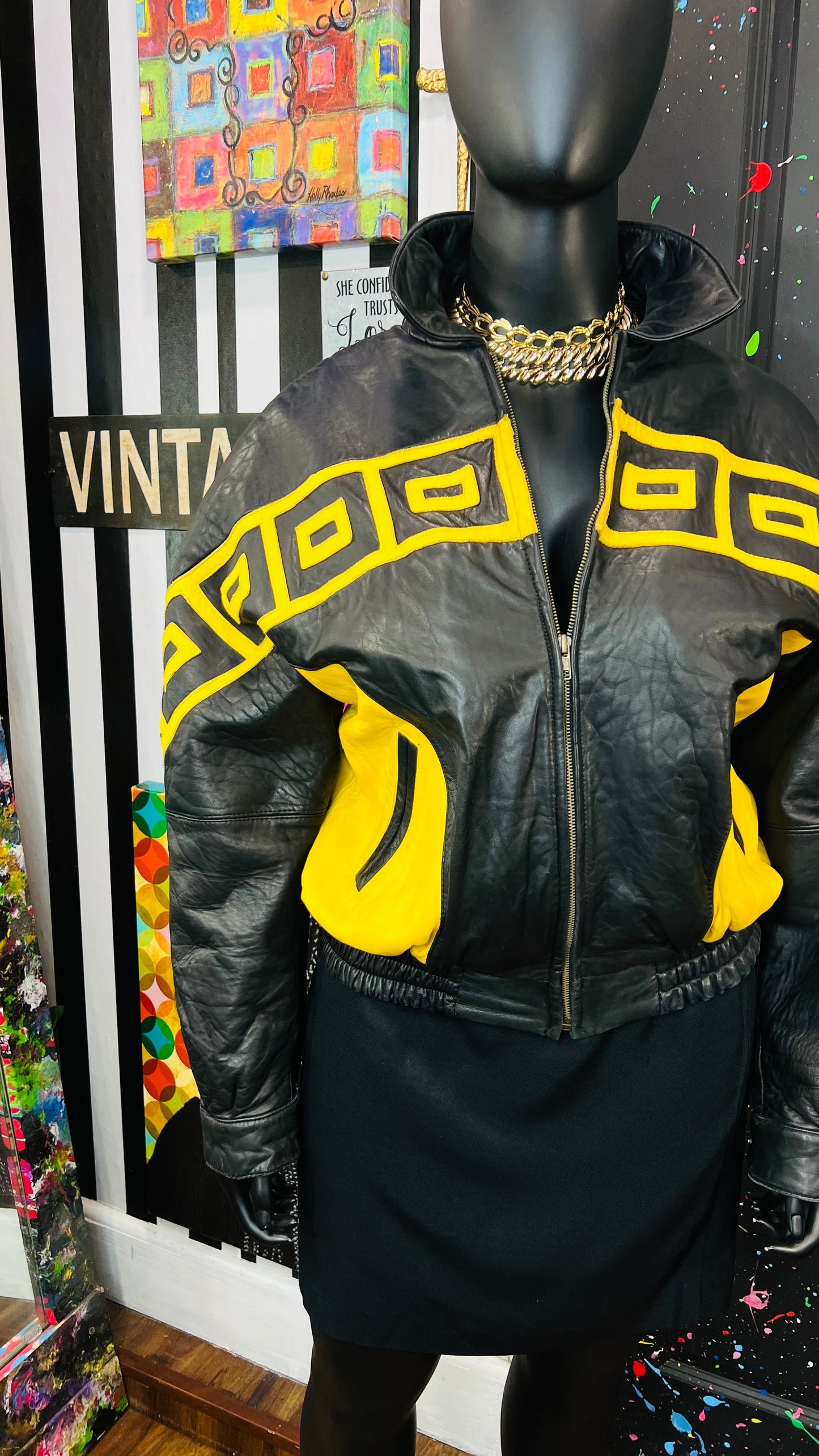 Vintage Genuine Leather Yellow & Black Tribal Print Coat (16/18)