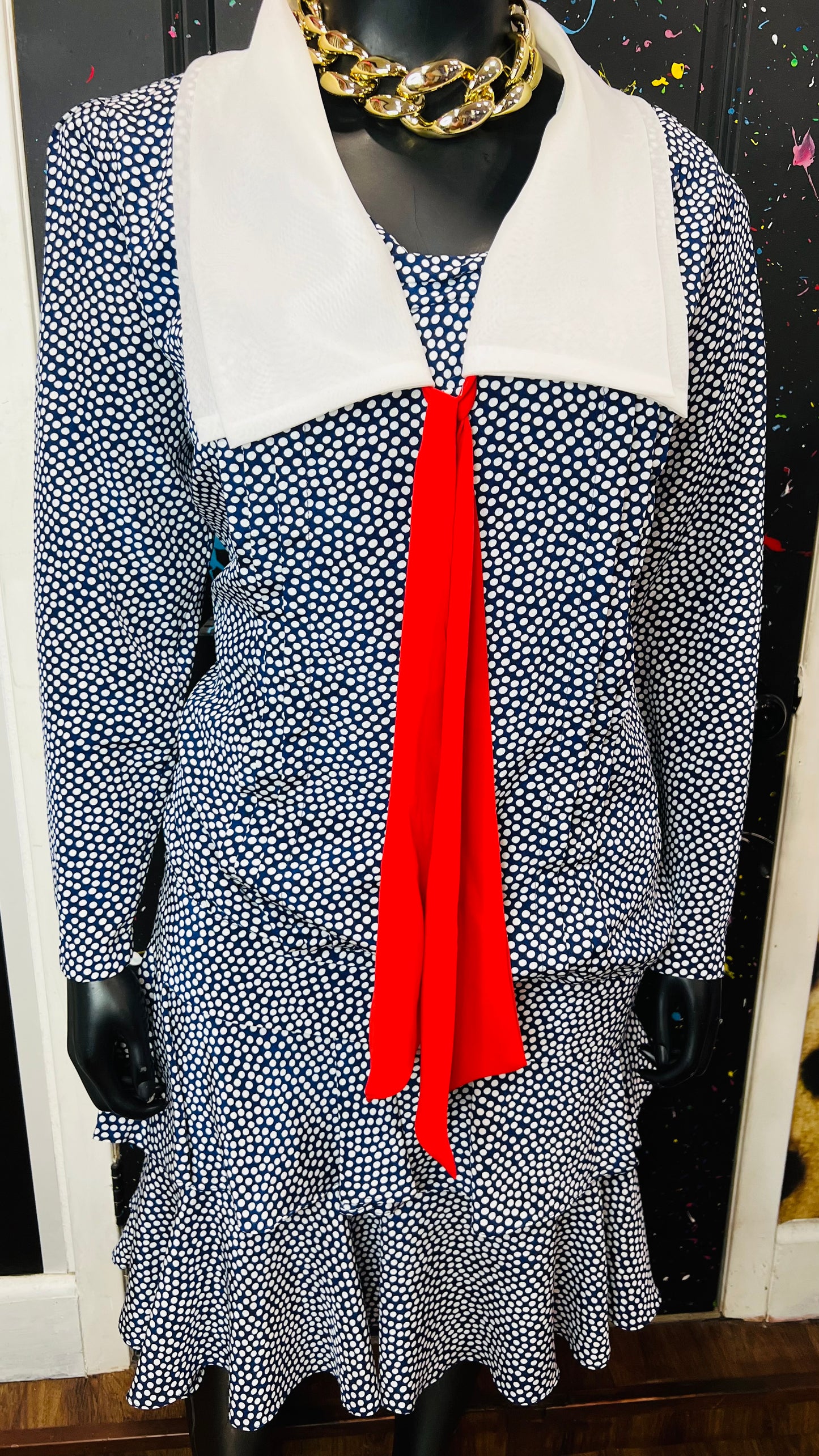 Vintage Polka Dot Navy Blue, Red & White Skirt Set (22W)